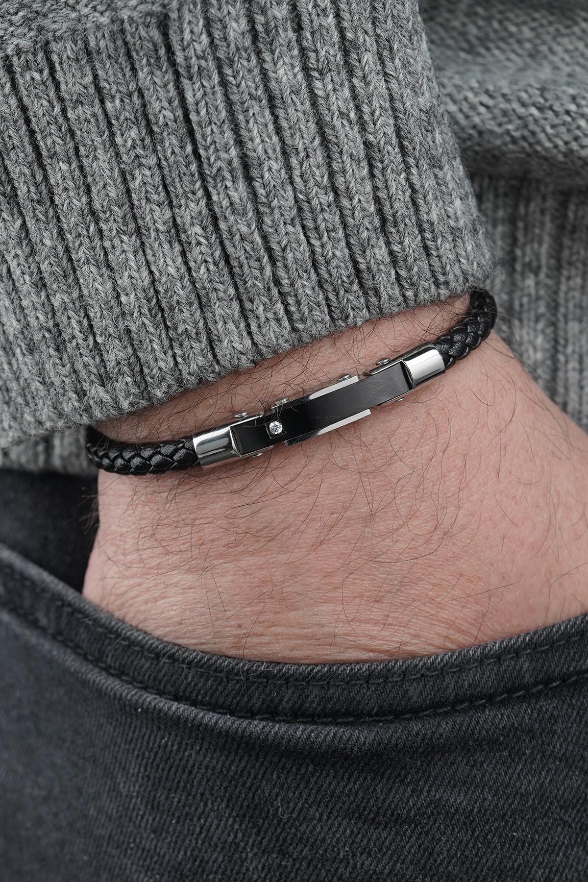 FRNCH 316L Çelik ve Derili Siyah Renk Erkek Bileklik FRJ12835-3835-B2