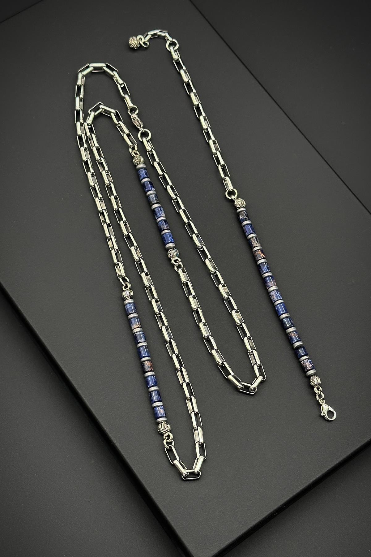 FRNCH 316L Çelik ve Lapis Doğal Taşlı Lacivert Erkek Bileklik/Kolye Set FRJ40147-247-L