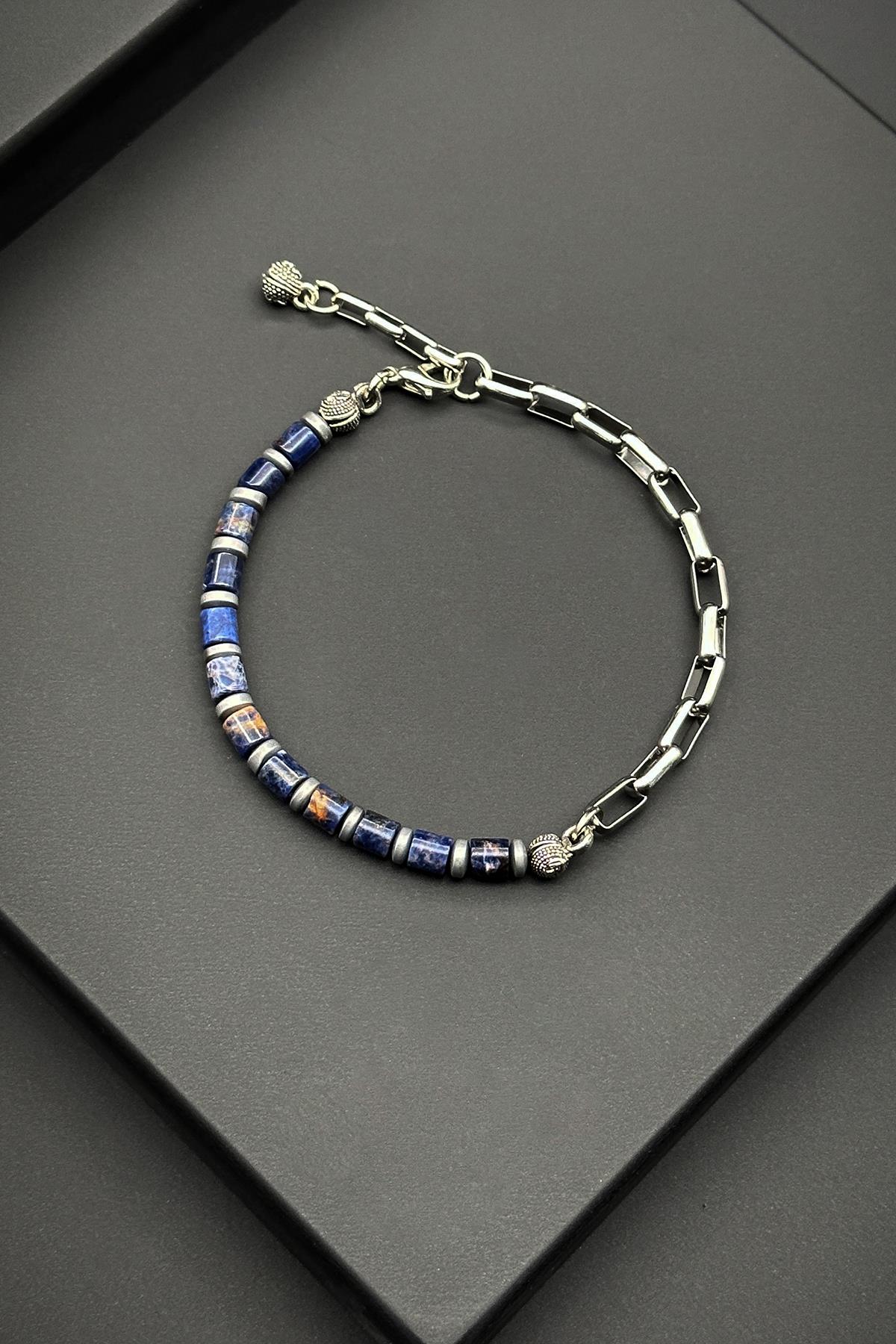 FRNCH 316L Çelik ve Lapis Doğal Taşlı Lacivert Renk Erkek Bileklik FRJ11876-1976-L