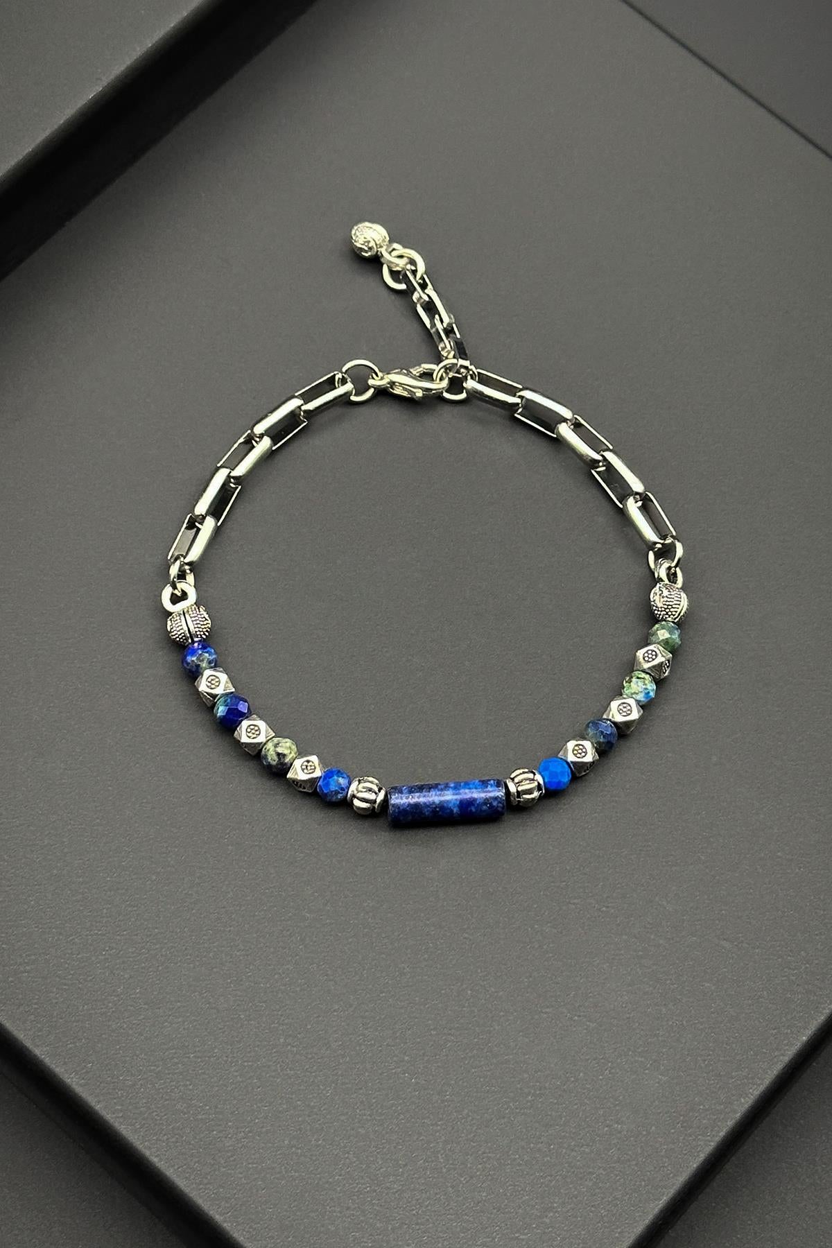 FRNCH 316L Çelik ve Lapis Lazulİ Doğal Taşlı Lacivert Erkek Bileklik FRJ11877-1977-L