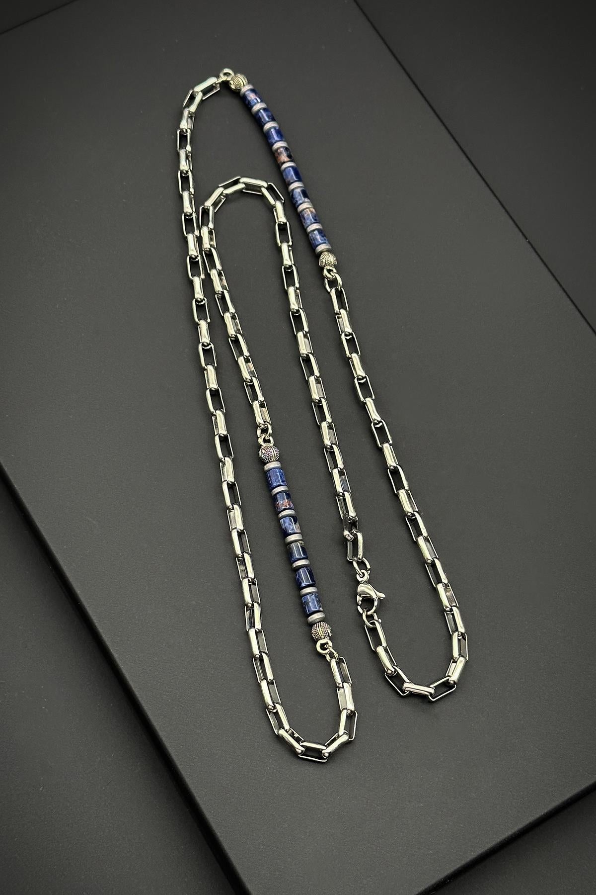 FRNCH 316L Çelik ve Lapis Lazuli Doğal Taşlı Lacivert Erkek Kolye FRJ30638-738-L