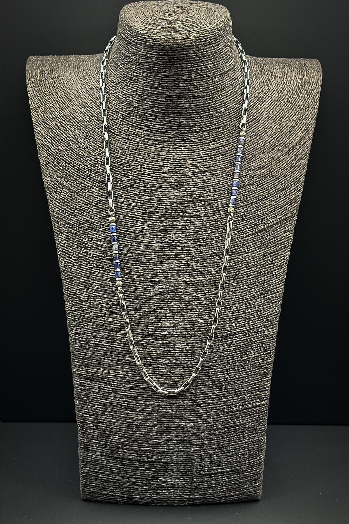 FRNCH 316L Çelik ve Lapis Lazuli Doğal Taşlı Lacivert Erkek Kolye FRJ30638-738-L