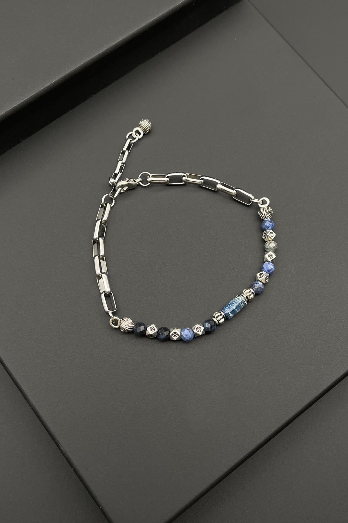 FRNCH 316L Çelik ve Lapis Lazuli Doğal Taşlı Lacivert Renk Erkek Bileklik FRJ11877-1977-L3