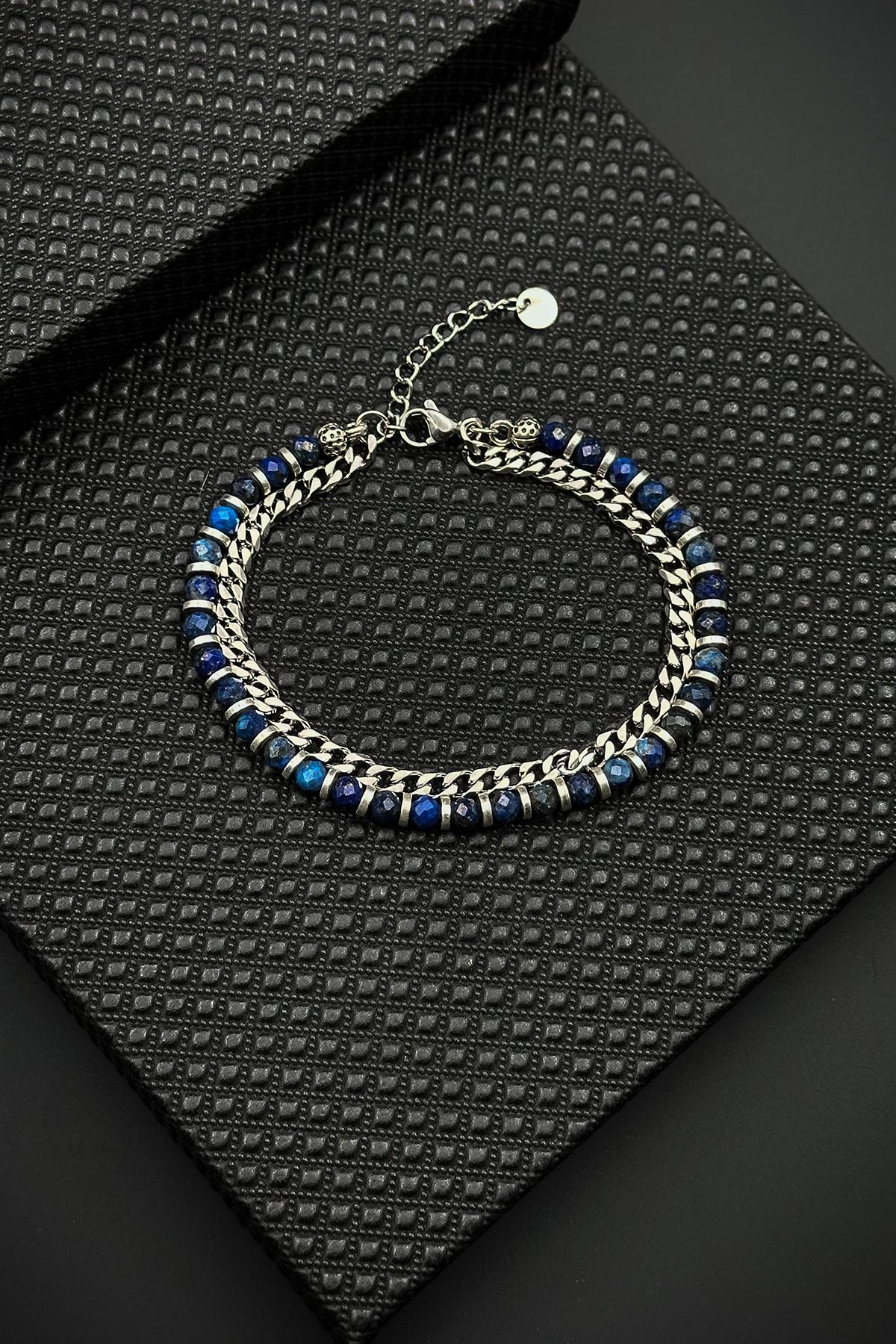 FRNCH 316L Çelik ve Lapis Lazuli Doğal Taşlı Lacivert Renk Erkek Bileklik FRJ12527-3527-L