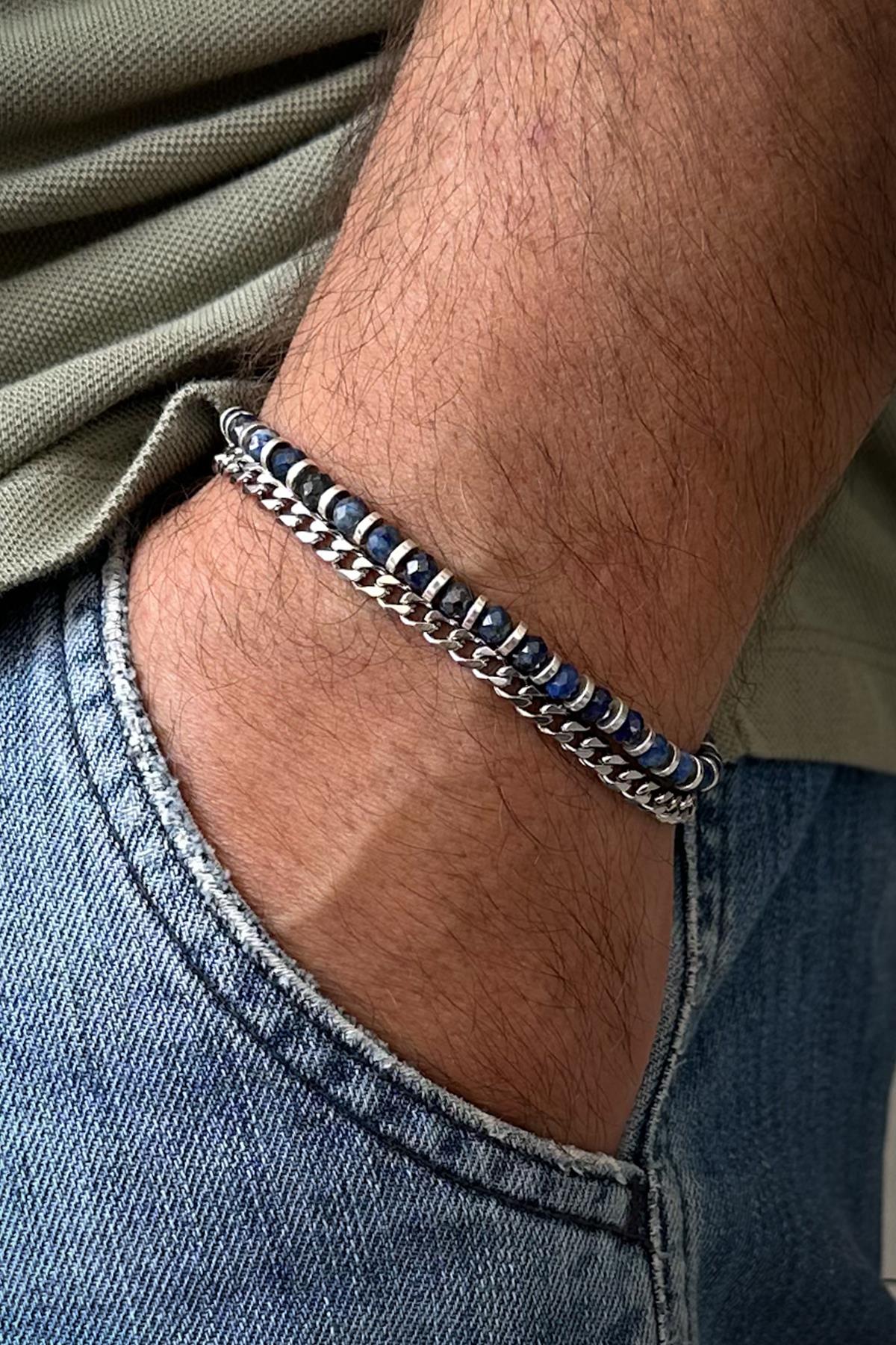 FRNCH 316L Çelik ve Lapis Lazuli Doğal Taşlı Lacivert Renk Erkek Bileklik FRJ12527-3527-L