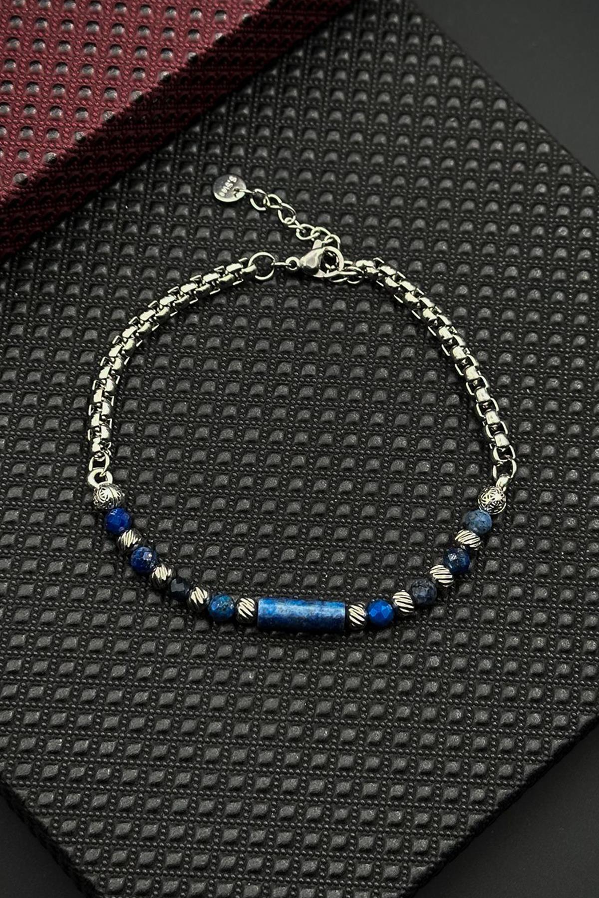 FRNCH 316L Çelik ve Lapis Lazuli Doğal Taşlı Lacivert Renk Erkek Bileklik FRJ12692-3692-L