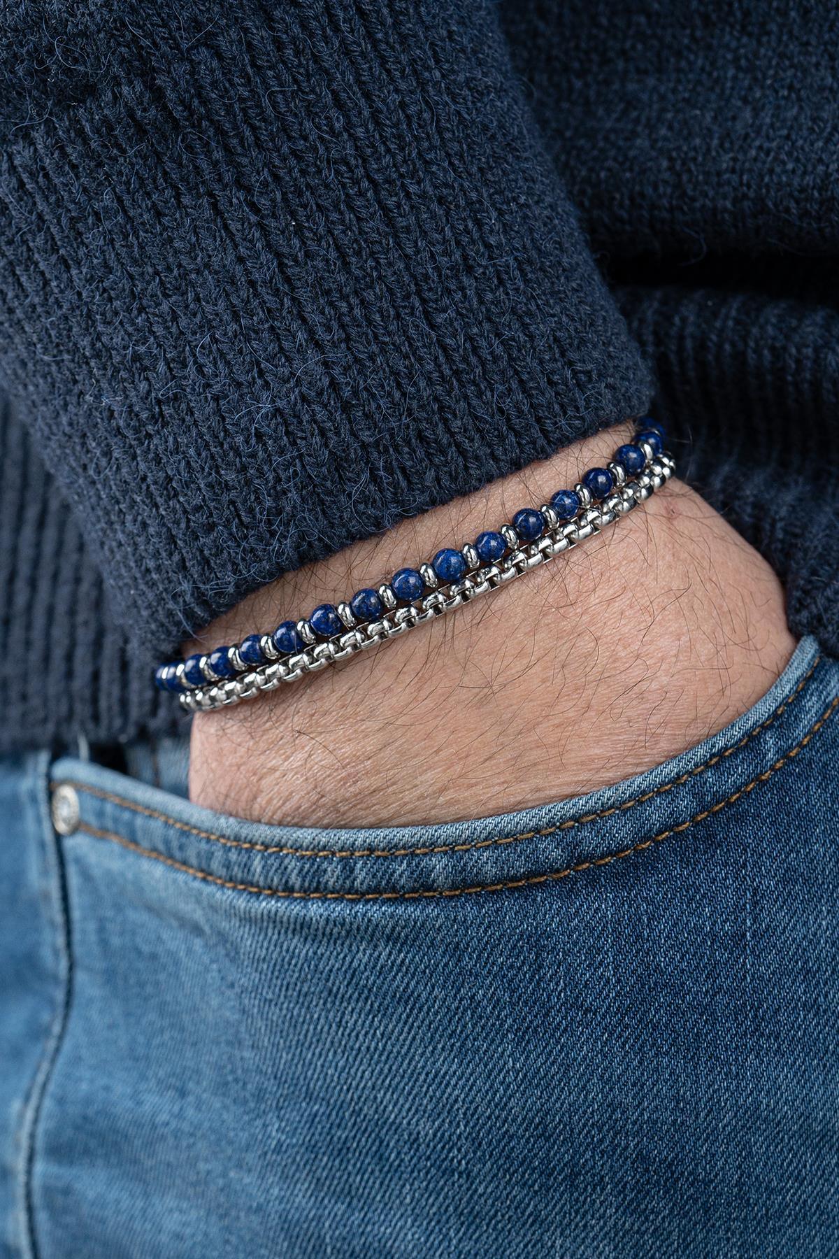 FRNCH 316L Çelik ve Lapis Lazuli Doğal Taşlı Lacivert Renk Erkek Bileklik FRJ12757-3757-L
