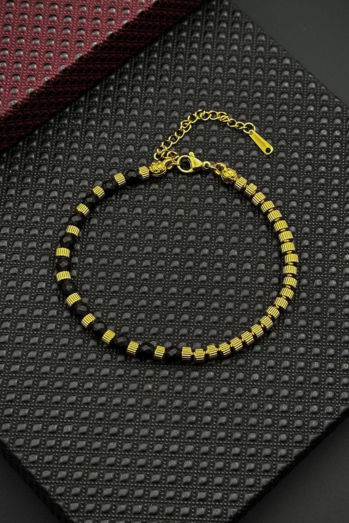 FRNCH 316L Çelik ve Onyx Doğal Taşlı Altın Renk Erkek Bileklik FRJ12694-3694-B2G