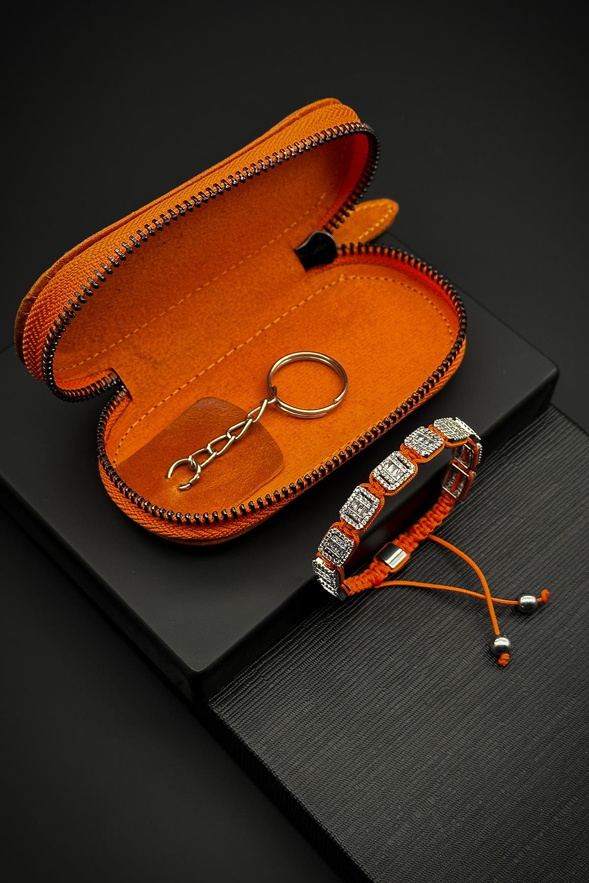 FRNCH 3A Kalite Baget Zirkon Taşlı Turuncu Erkek Bileklik %100 Deri Anahtarlık Hediyeli FRJ40164-264-T
