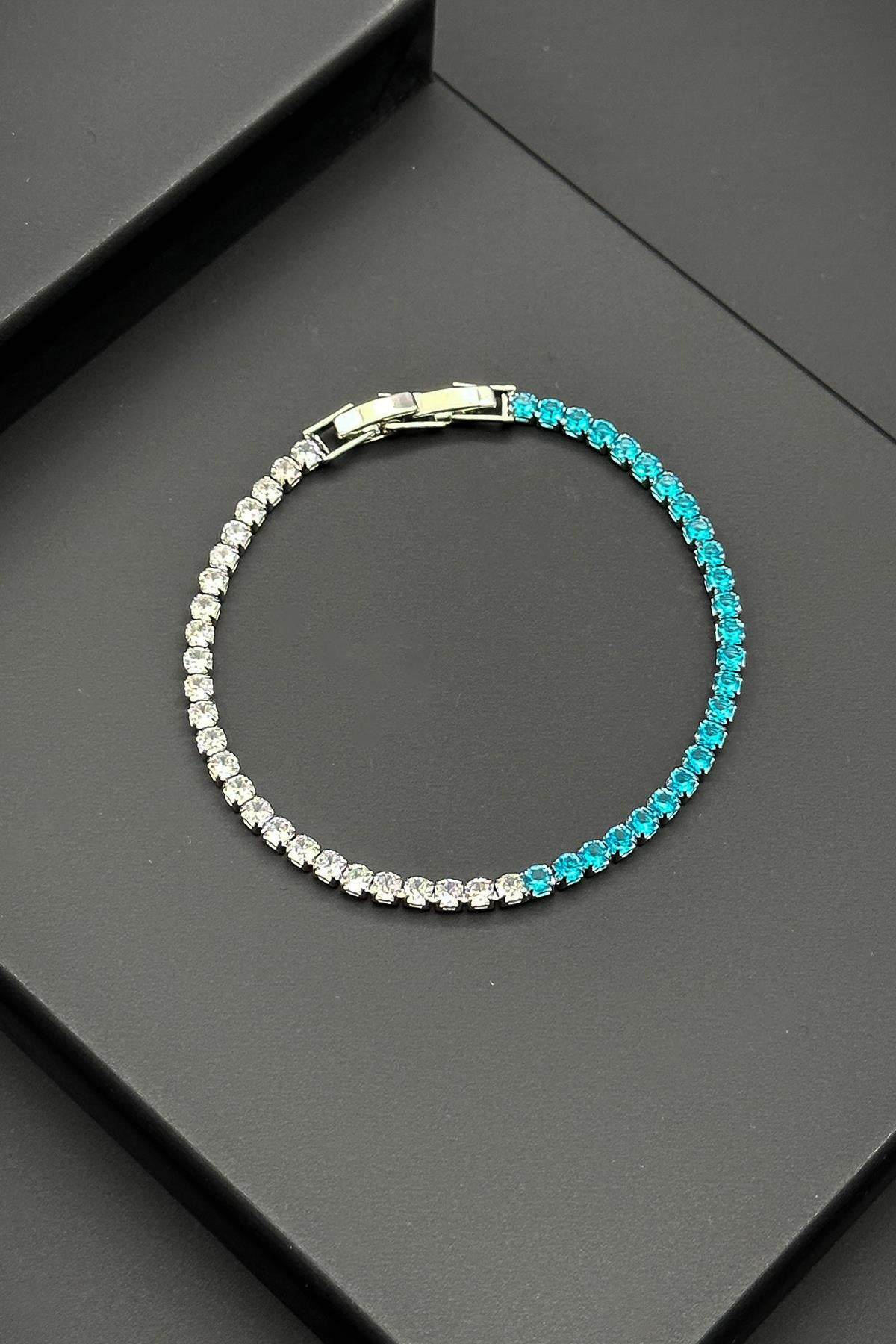 FRNCH 3A Kalite Zirkon Taşlı Mavi-Beyaz Renkli Tennis Erkek Bileklik FRJ11512-1612-BM