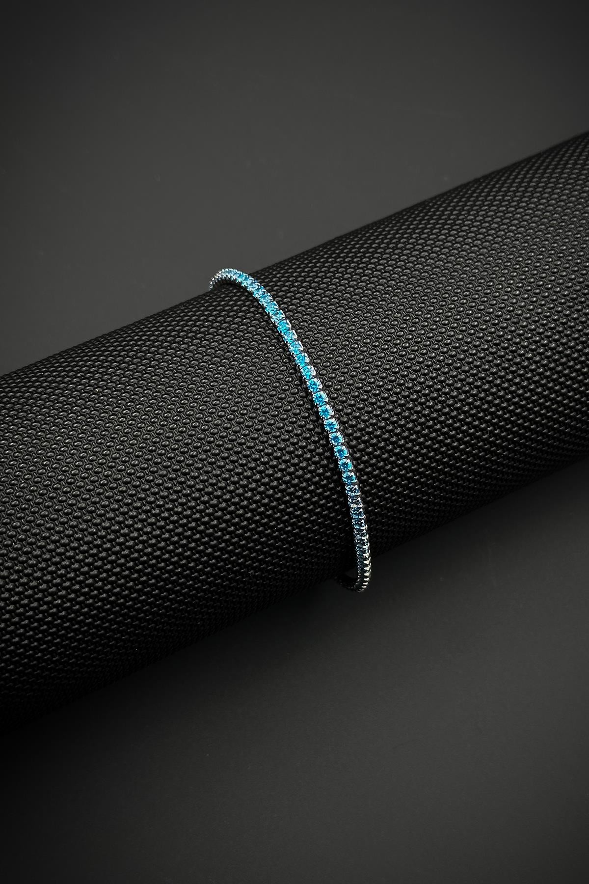 FRNCH 925 Ayar Gümüş 2MM Aqua Marine Taşlı Turkuaz Renk Tennis Erkek Bileklik FRJ11979-2079-M2