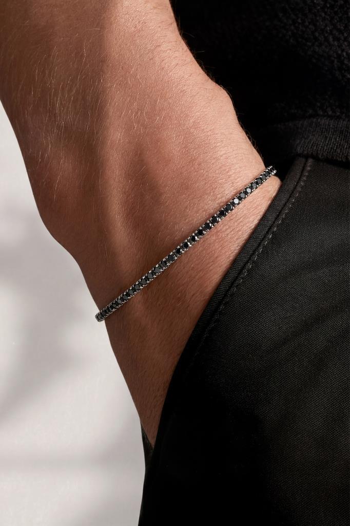 FRNCH 925 Ayar Gümüş 2MM Zirkon Taşlı Siyah Renk Tennis Erkek Bileklik FRJ11979-2079-S