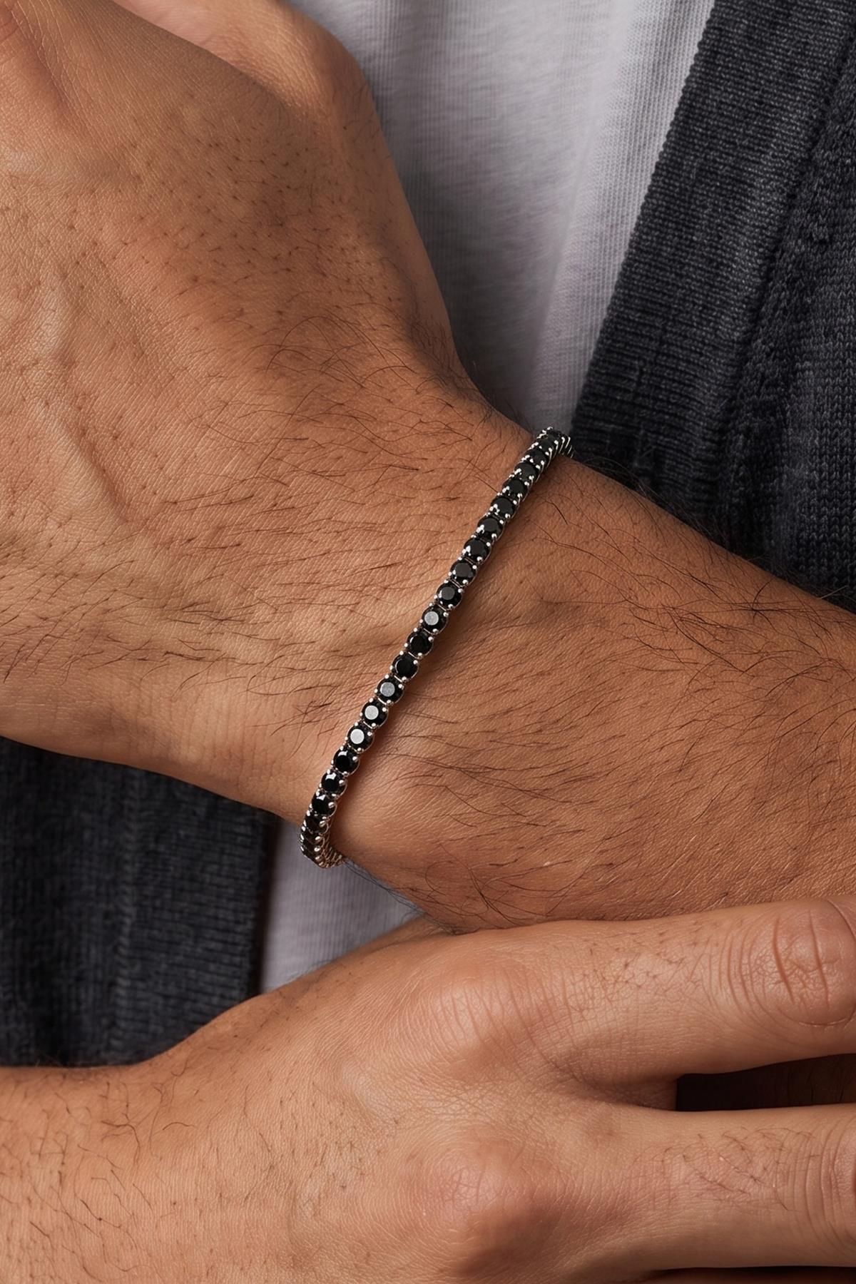 FRNCH 925 Ayar Gümüş 2MM Zirkon Taşlı Siyah Renk Tennis Erkek Bileklik FRM11979-2079-S