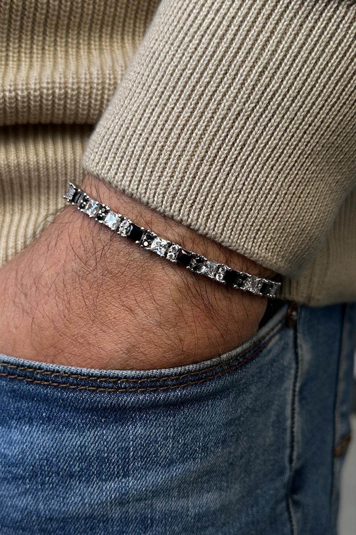 FRNCH 925 Ayar Gümüş 4MM Siyah-Beyaz Zirkon Taşlı Erkek Bileklik FRJ12337-3337-SB