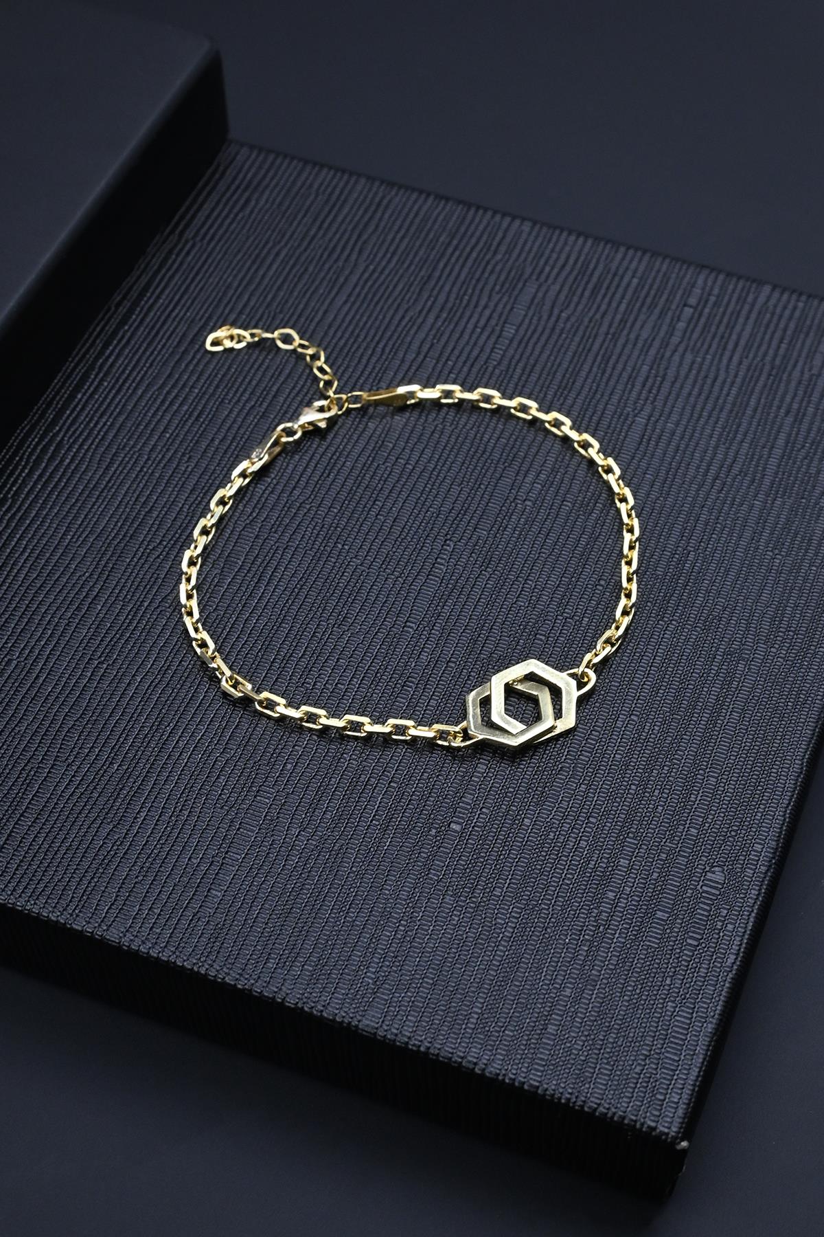 FRNCH 925 Ayar Gümüş Altıgen Figürlü Altın Renk Erkek Bileklik FRJ12150-3150-G