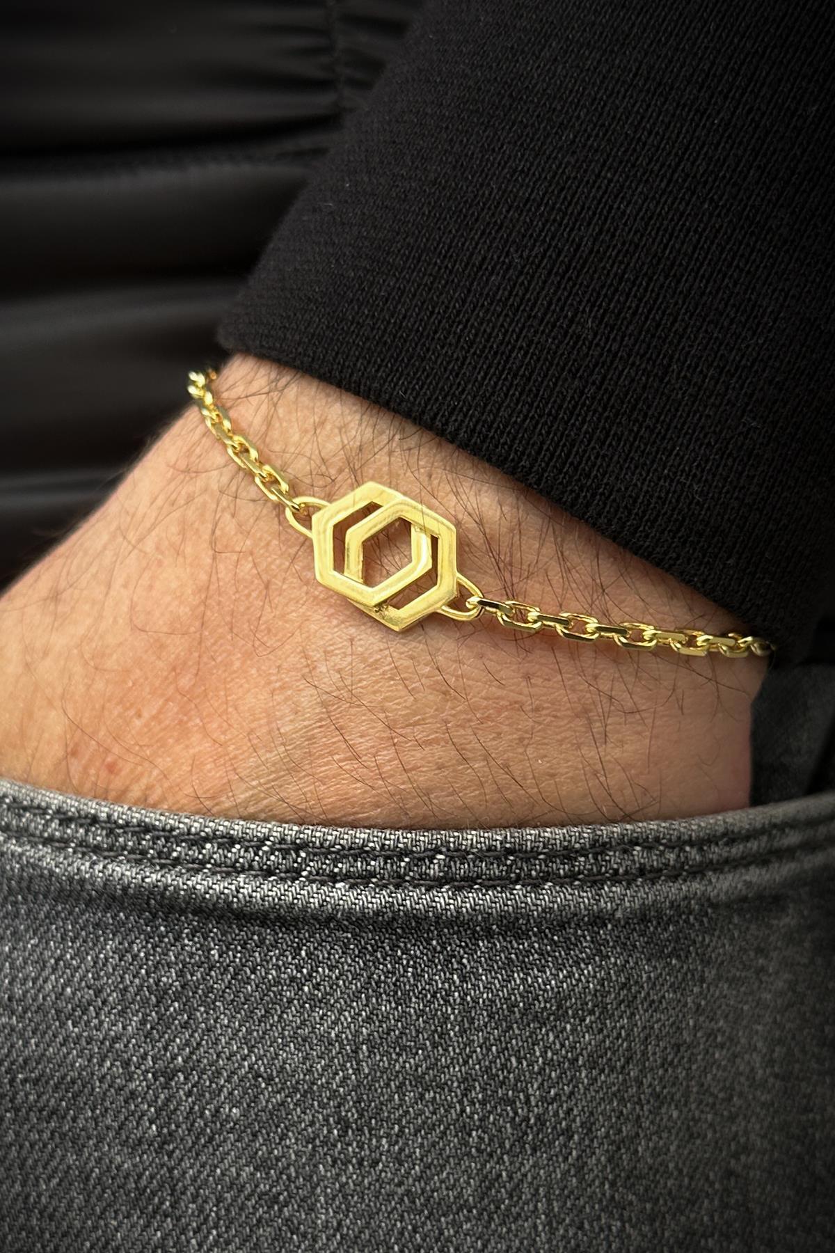 FRNCH 925 Ayar Gümüş Altıgen Figürlü Altın Renk Erkek Bileklik FRJ12150-3150-G