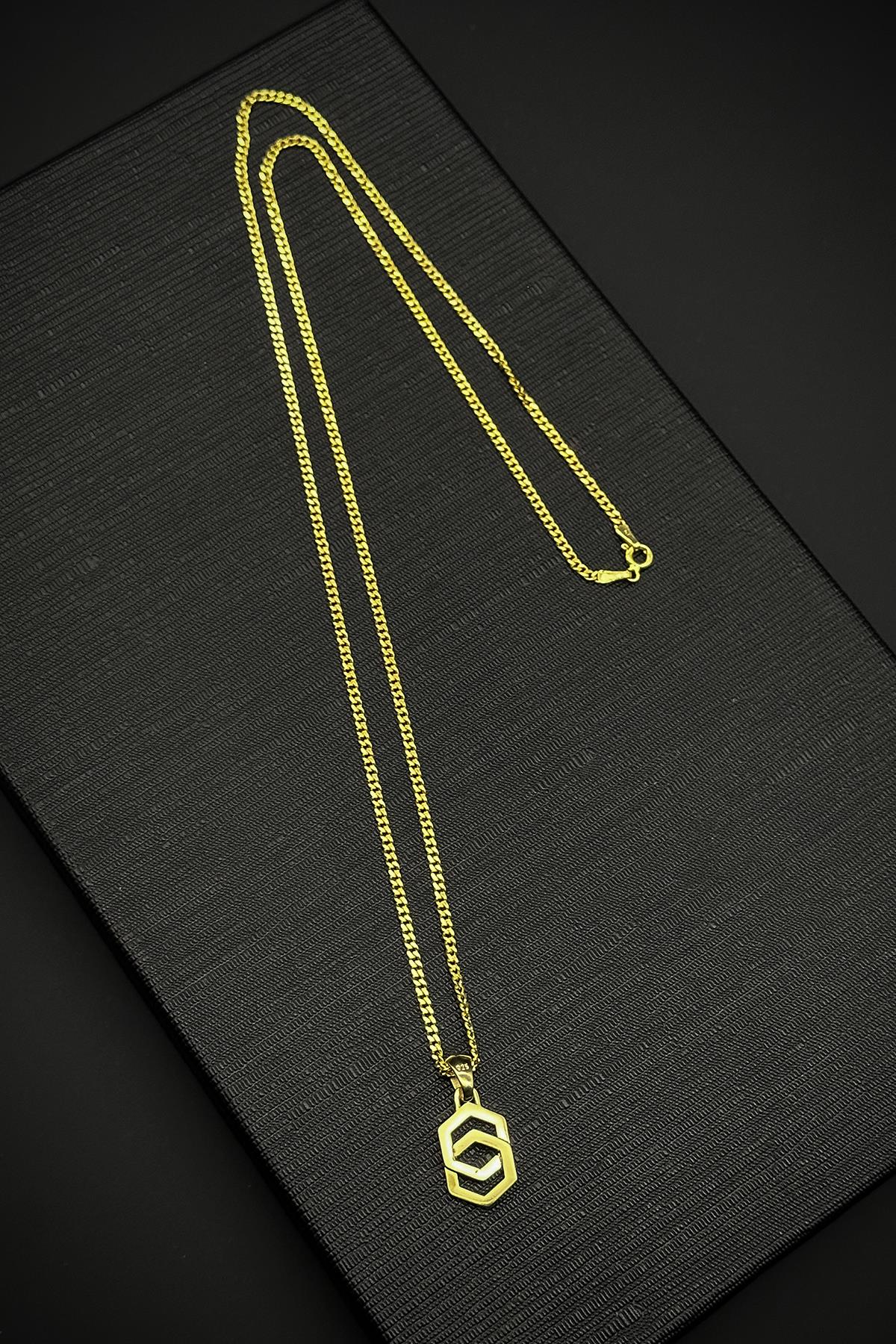 FRNCH 925 Ayar Gümüş Altıgen Figürlü Altın Renk Erkek Kolye FRJ30725-825-G