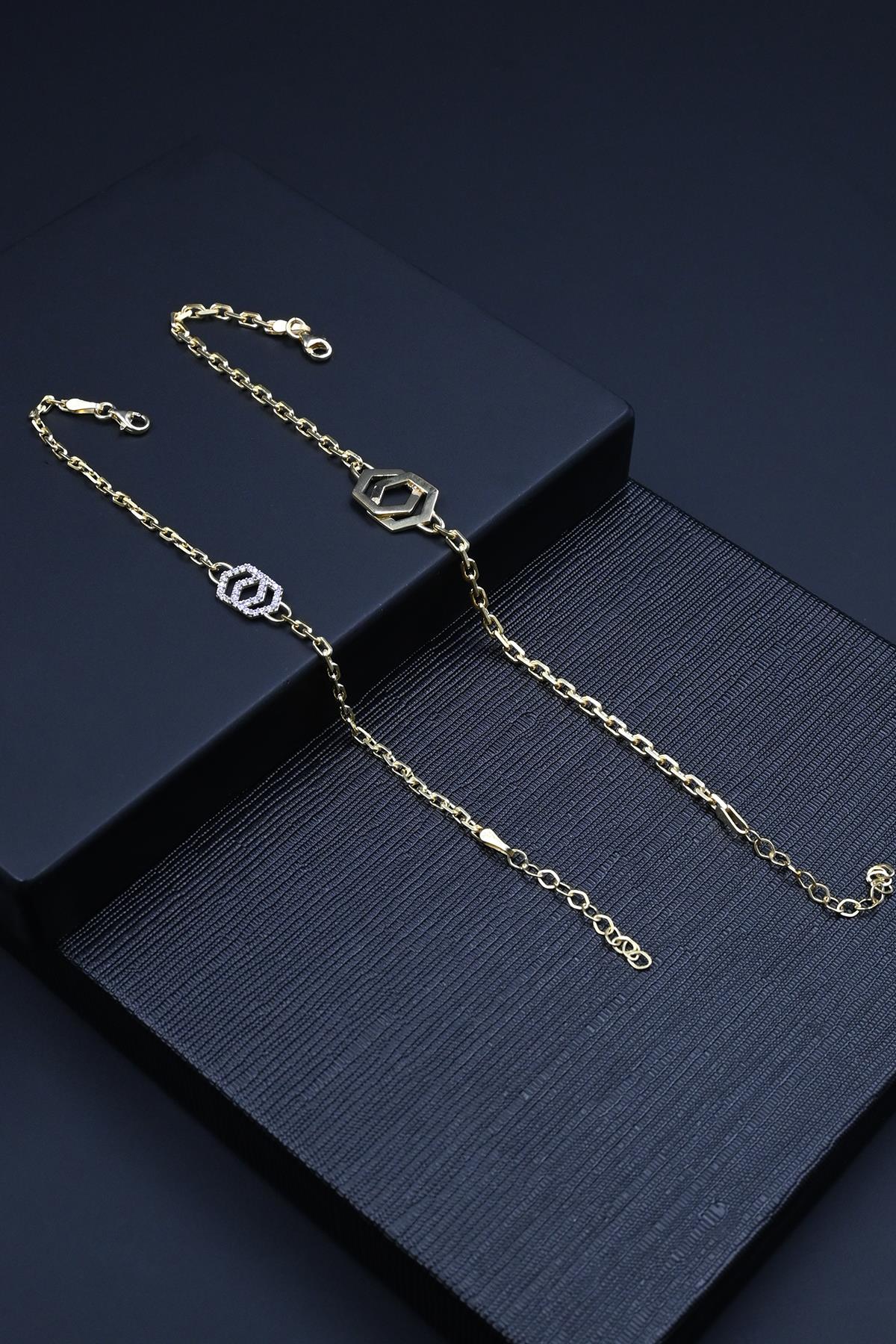 FRNCH 925 Ayar Gümüş Altıgen Figürlü Altın Renk Kadın/Erkek Çift Bilekliği FRJ40194-294-G