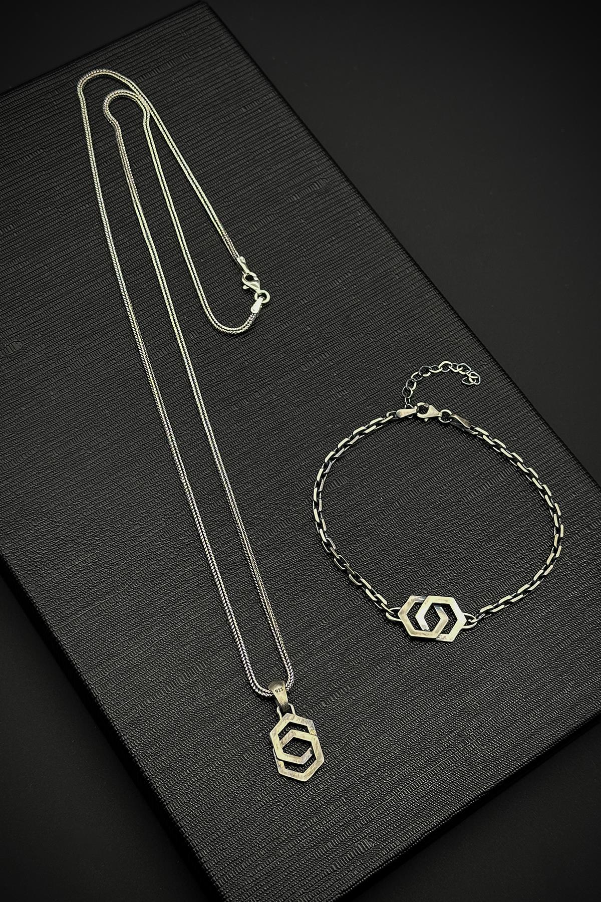 FRNCH 925 Ayar Gümüş Altıgen Figürlü Gümüş Renk Erkek Bileklik/Kolye Set FRJ40195-295-A2