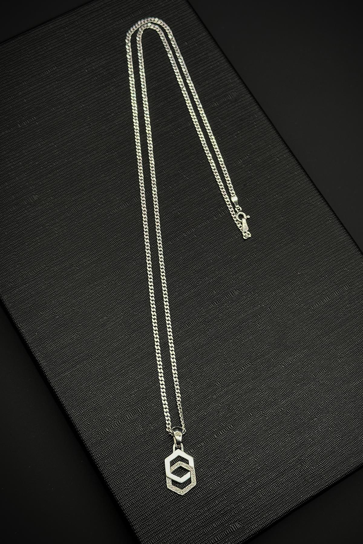 FRNCH 925 Ayar Gümüş Altıgen Figürlü Gümüş Renk Erkek Kolye FRJ30725-825-A