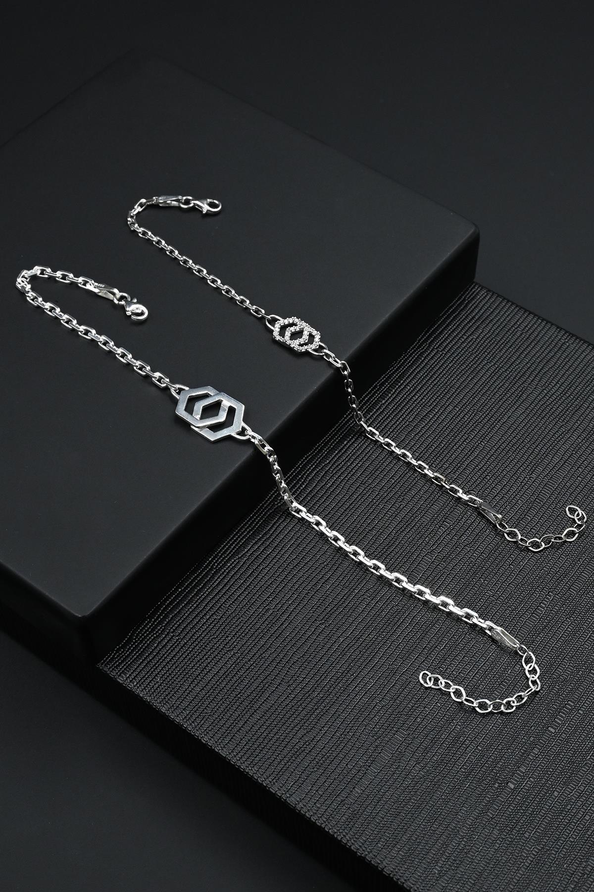 FRNCH 925 Ayar Gümüş Altıgen Figürlü Gümüş Renk Kadın/Erkek Çift Bilekliği FRJ40194-294-A