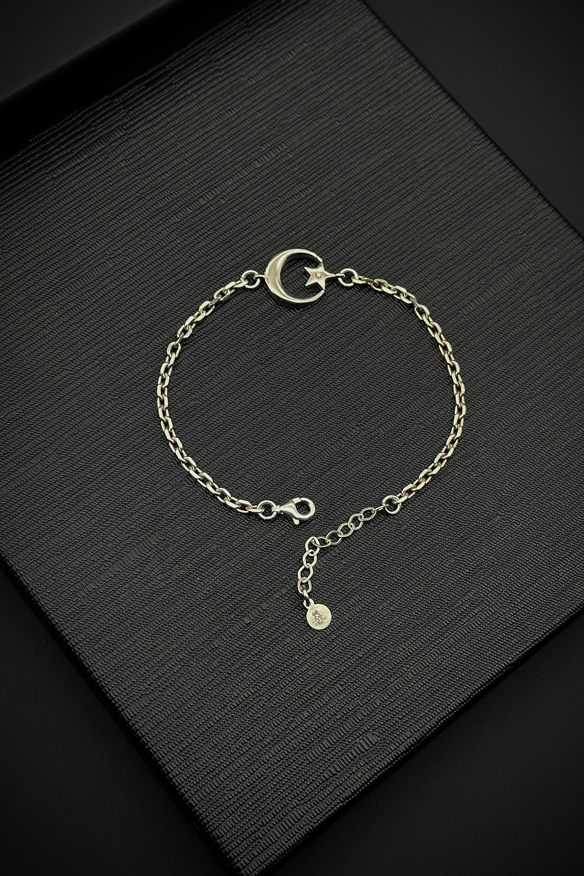 FRNCH 925 Ayar Gümüş Ay-Yıldız Figürlü Gümüş Renk Erkek Bileklik FRJ12094-3094-A