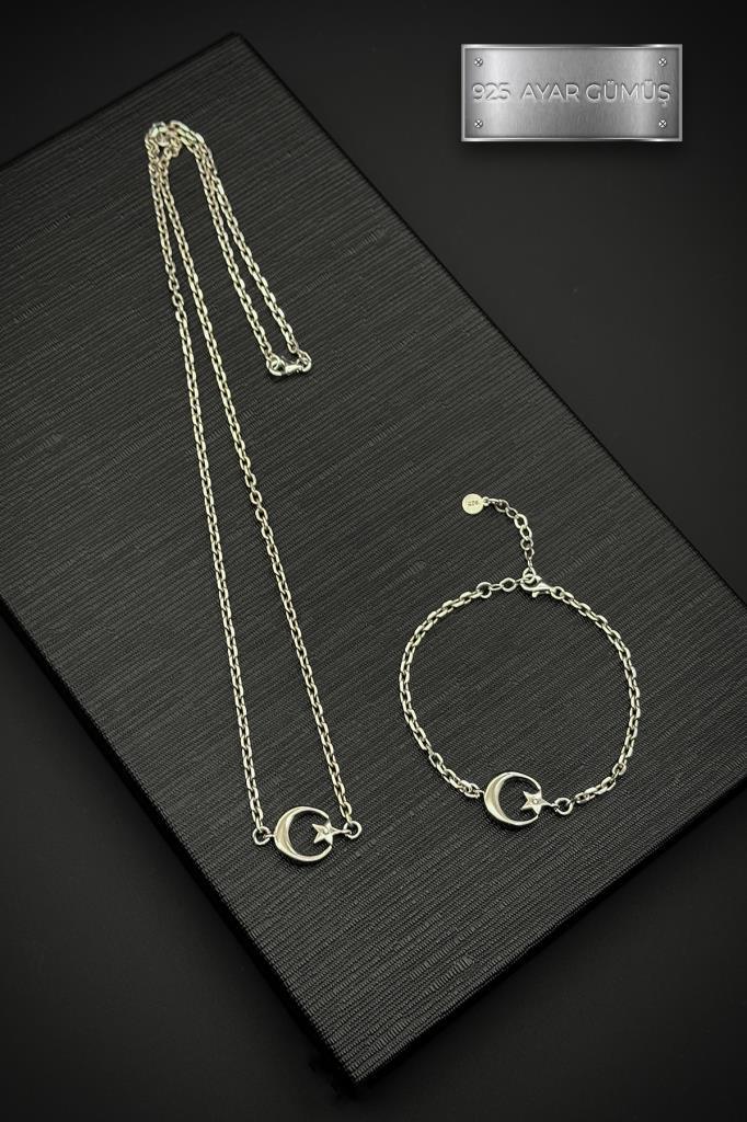 FRNCH 925 Ayar Gümüş Ay-Yıldız Figürlü Gümüş Renk Erkek Bileklik/Kolye Set FRJ40181-281-A