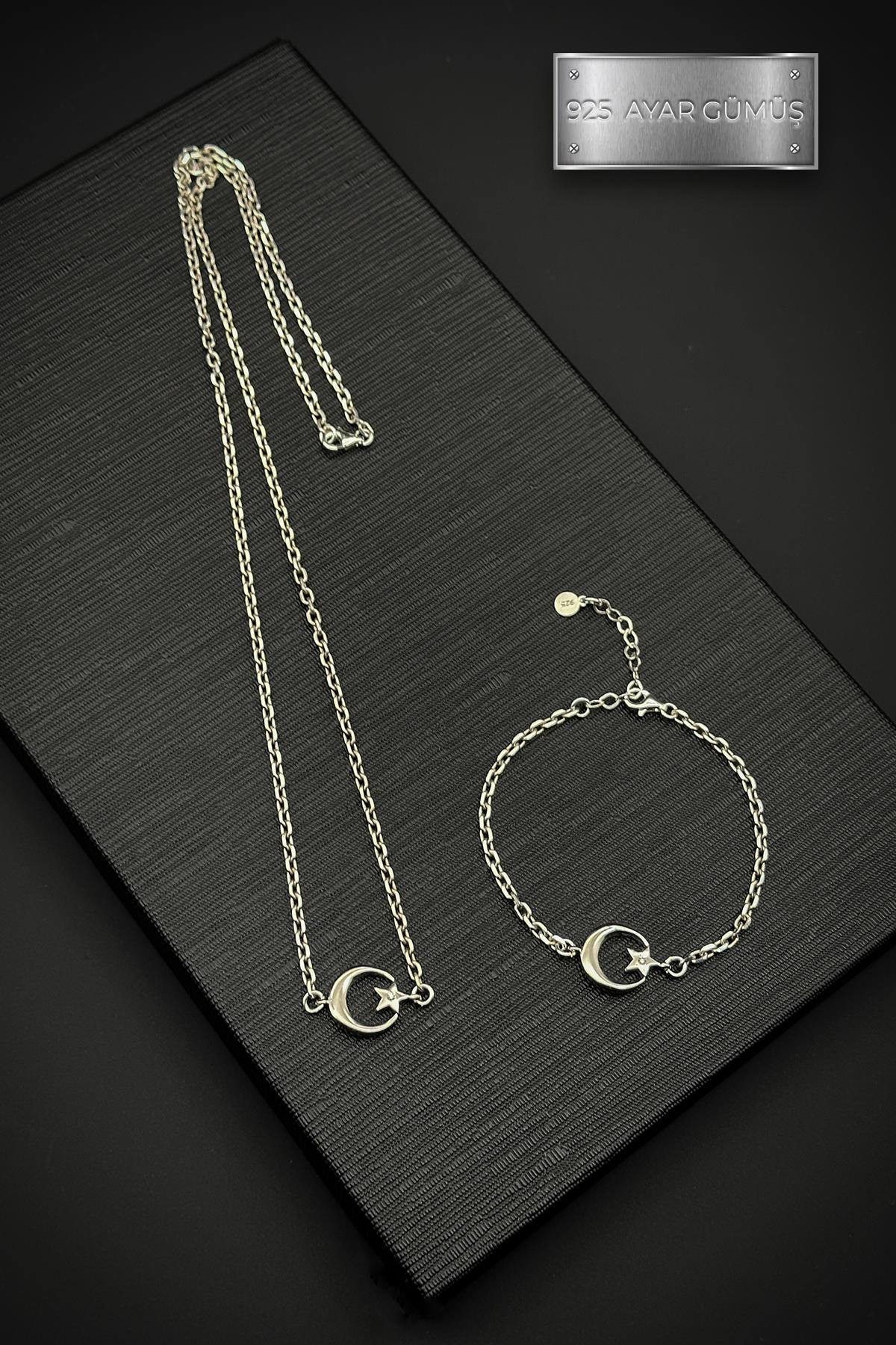 FRNCH 925 Ayar Gümüş Ay-Yıldız Figürlü Gümüş Renk Erkek Bileklik/Kolye Set FRJ40181-281-A