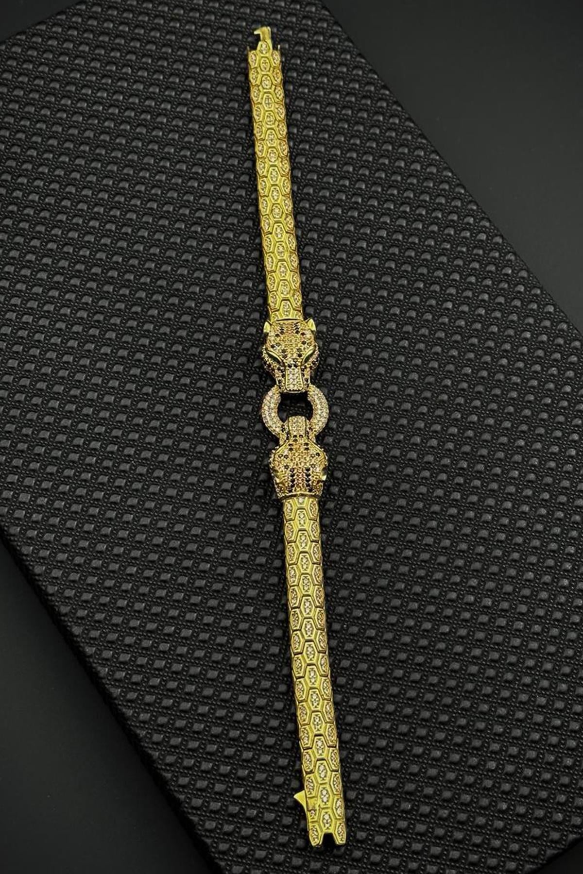 FRNCH 925 Ayar Gümüş Beyaz Zirkon Taşlı Altın Renk Erkek Bileklik FRJ12681-3681-G