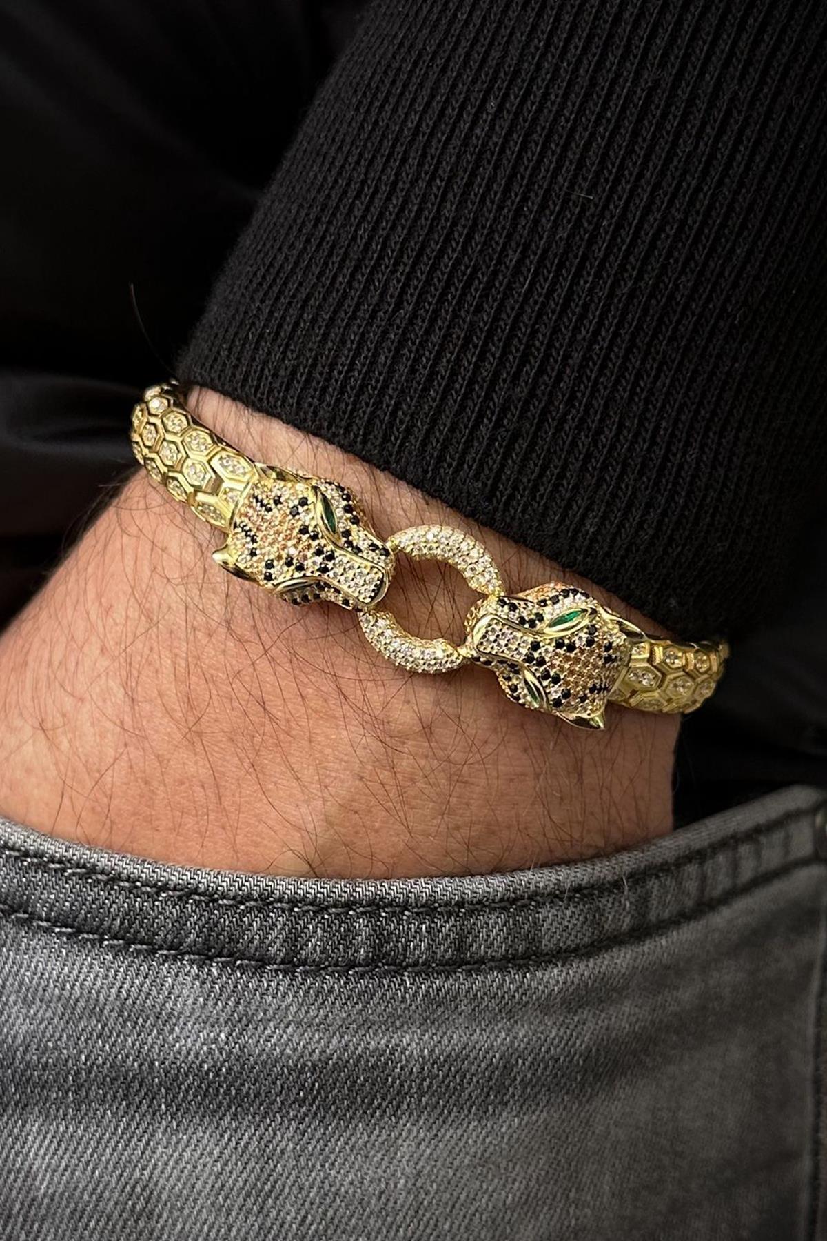 FRNCH 925 Ayar Gümüş Beyaz Zirkon Taşlı Altın Renk Erkek Bileklik FRJ12681-3681-G