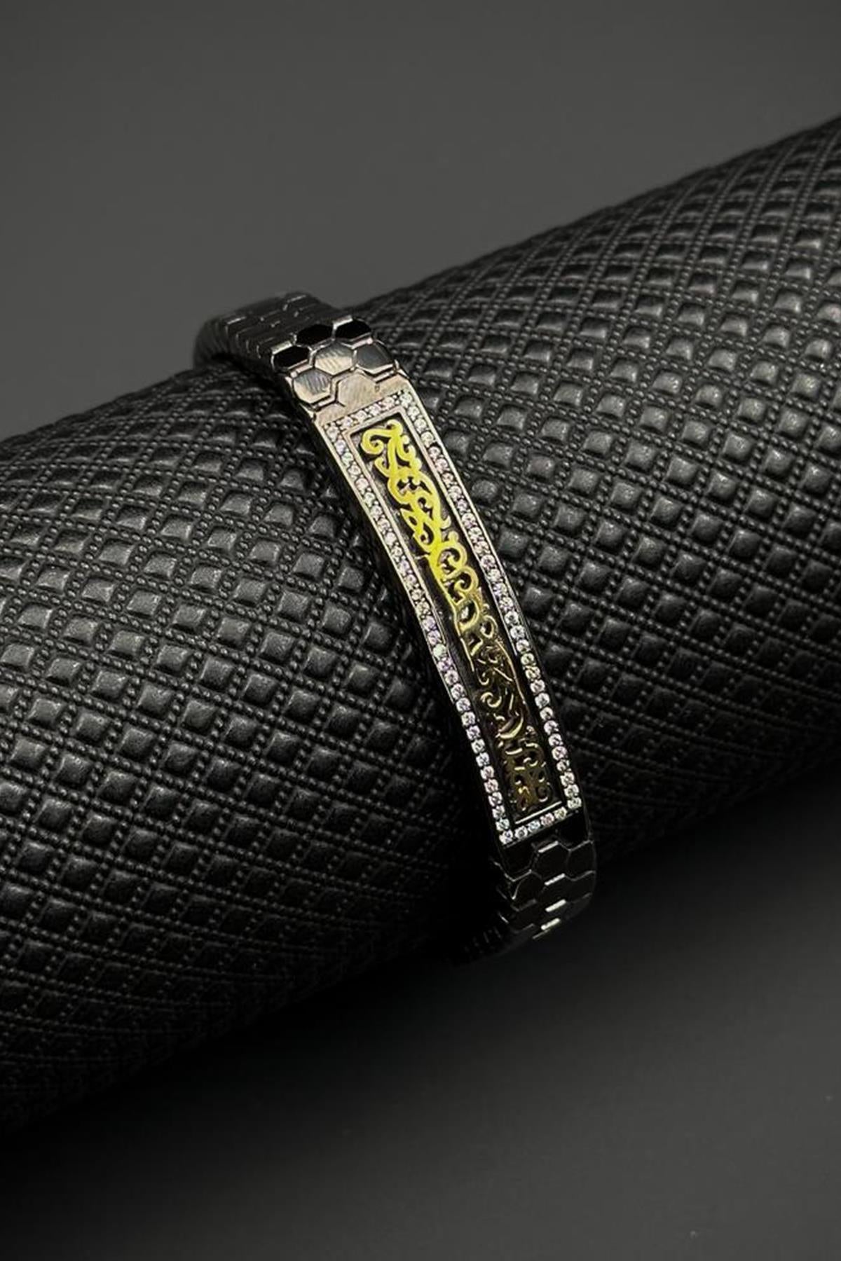 FRNCH 925 Ayar Gümüş Beyaz Zirkon Taşlı Füme-Altın Renk Erkek Bileklik FRJ12709-3709-B2G