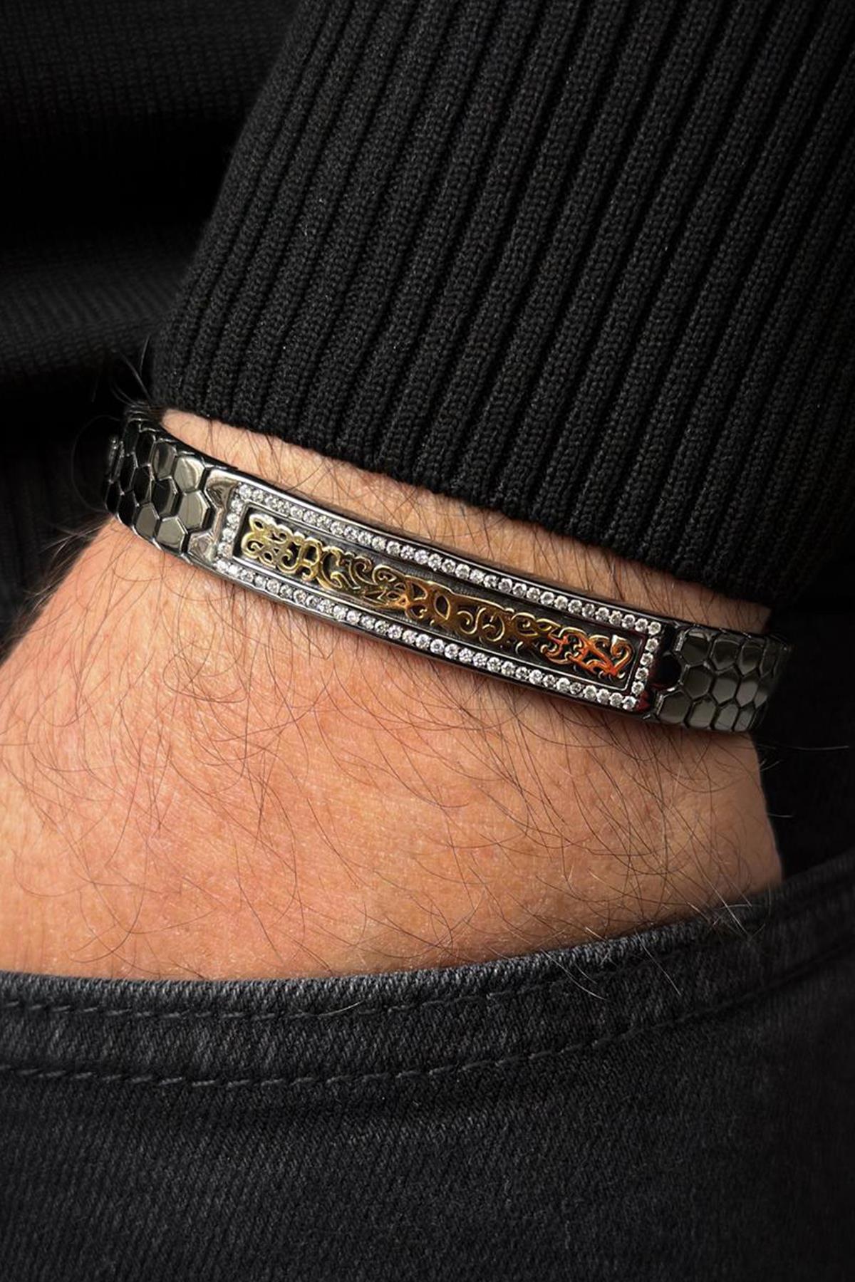 FRNCH 925 Ayar Gümüş Beyaz Zirkon Taşlı Füme-Altın Renk Erkek Bileklik FRJ12709-3709-B2G