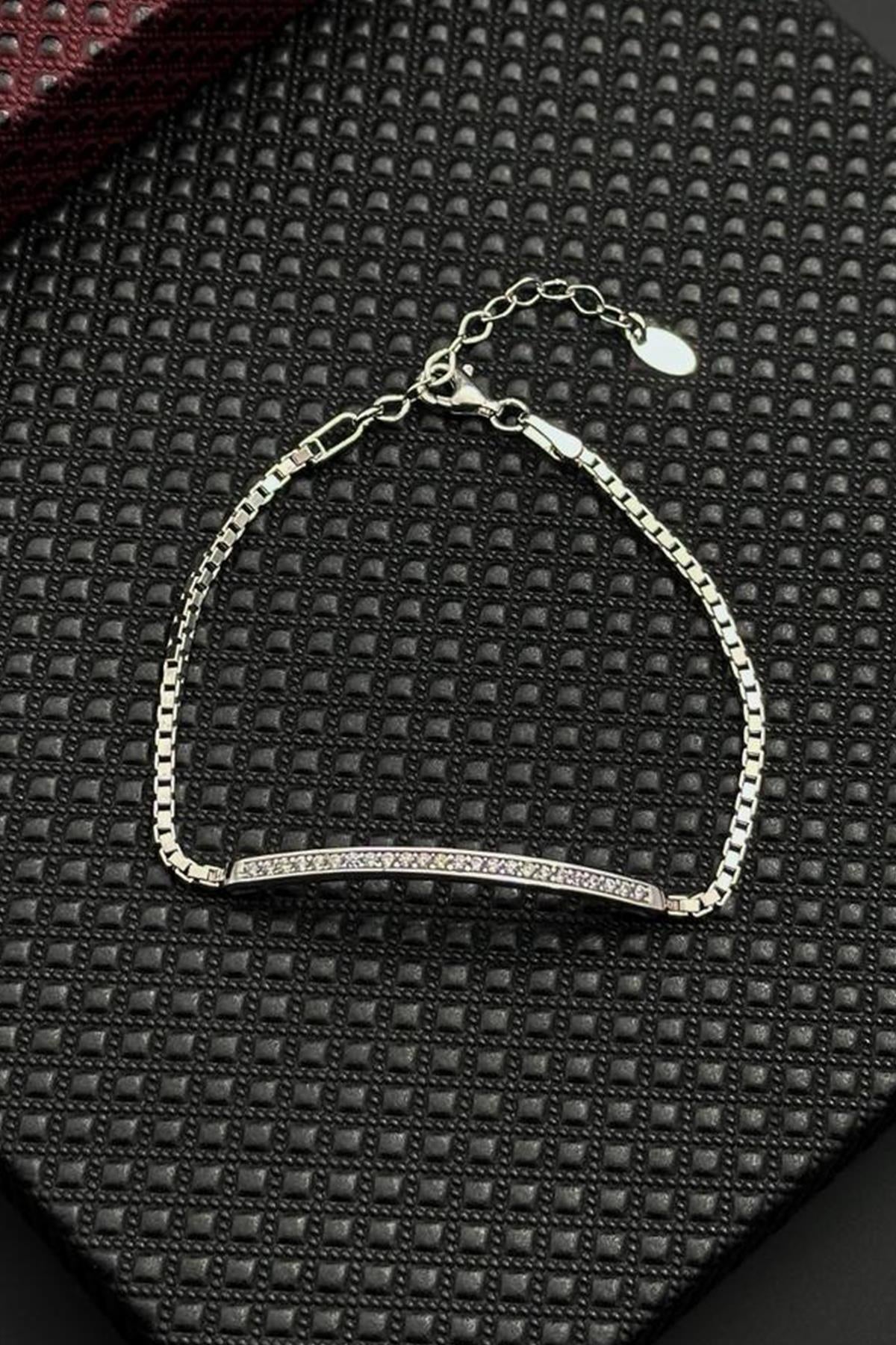 FRNCH 925 Ayar Gümüş Beyaz Zirkon Taşlı Gümüş Renk Erkek Bileklik FRJ12652-3652-A