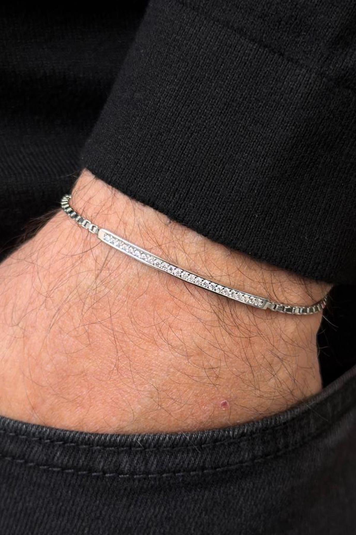 FRNCH 925 Ayar Gümüş Beyaz Zirkon Taşlı Gümüş Renk Erkek Bileklik FRJ12652-3652-A