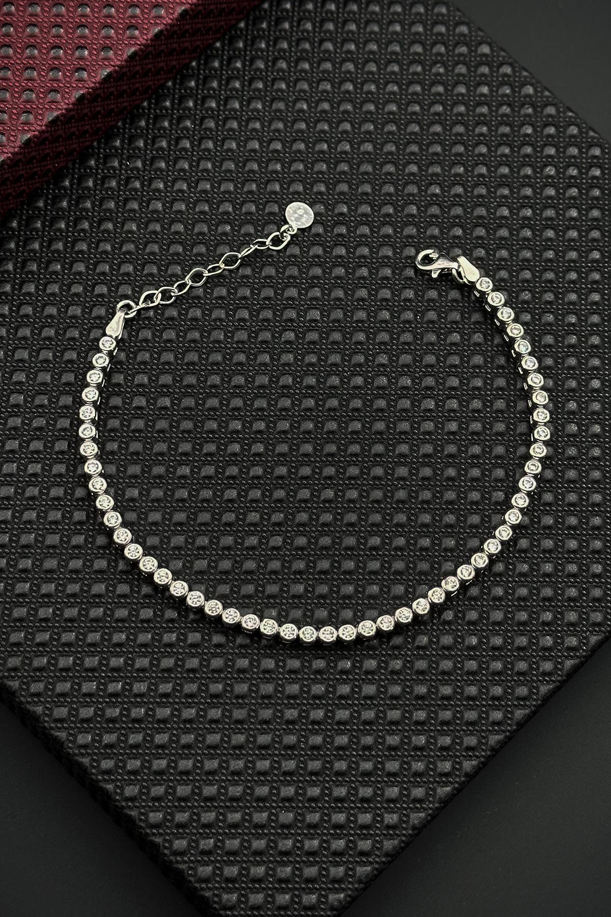 FRNCH 925 Ayar Gümüş Beyaz Zirkon Taşlı Gümüş Renk Erkek Bileklik FRJ12672-3672-A