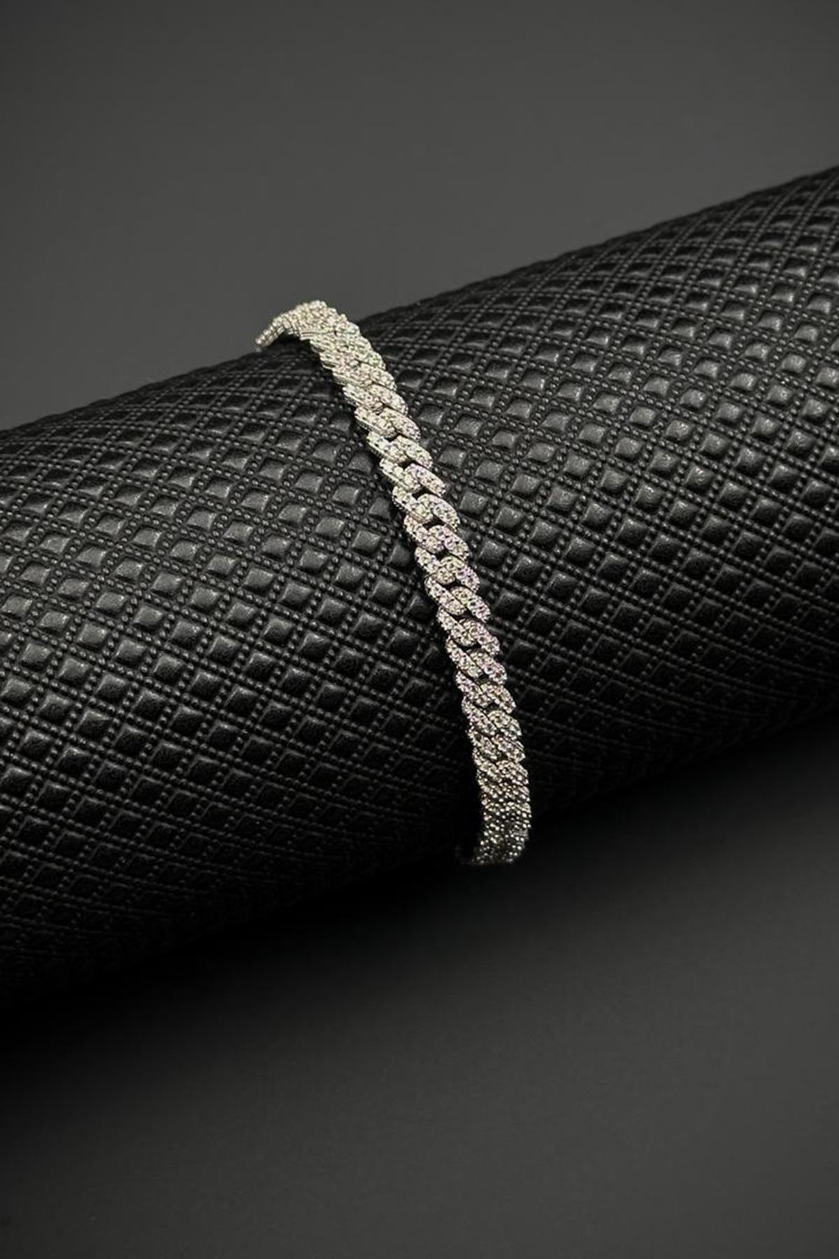 FRNCH 925 Ayar Gümüş Beyaz Zirkon Taşlı Gümüş Renk Erkek Bileklik FRJ12683-3683-B