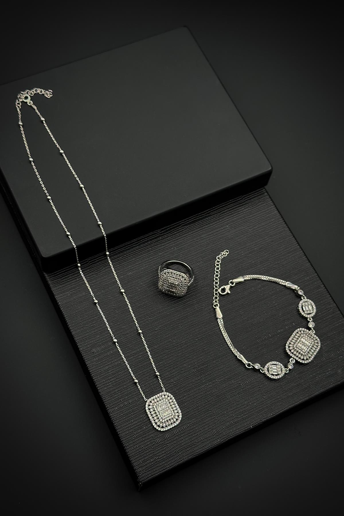 FRNCH 925 Ayar Gümüş Beyaz Zirkon Taşlı Gümüş Renk Kadın Bileklik/Kolye/Yüzük Set FRJ12552-3552-A