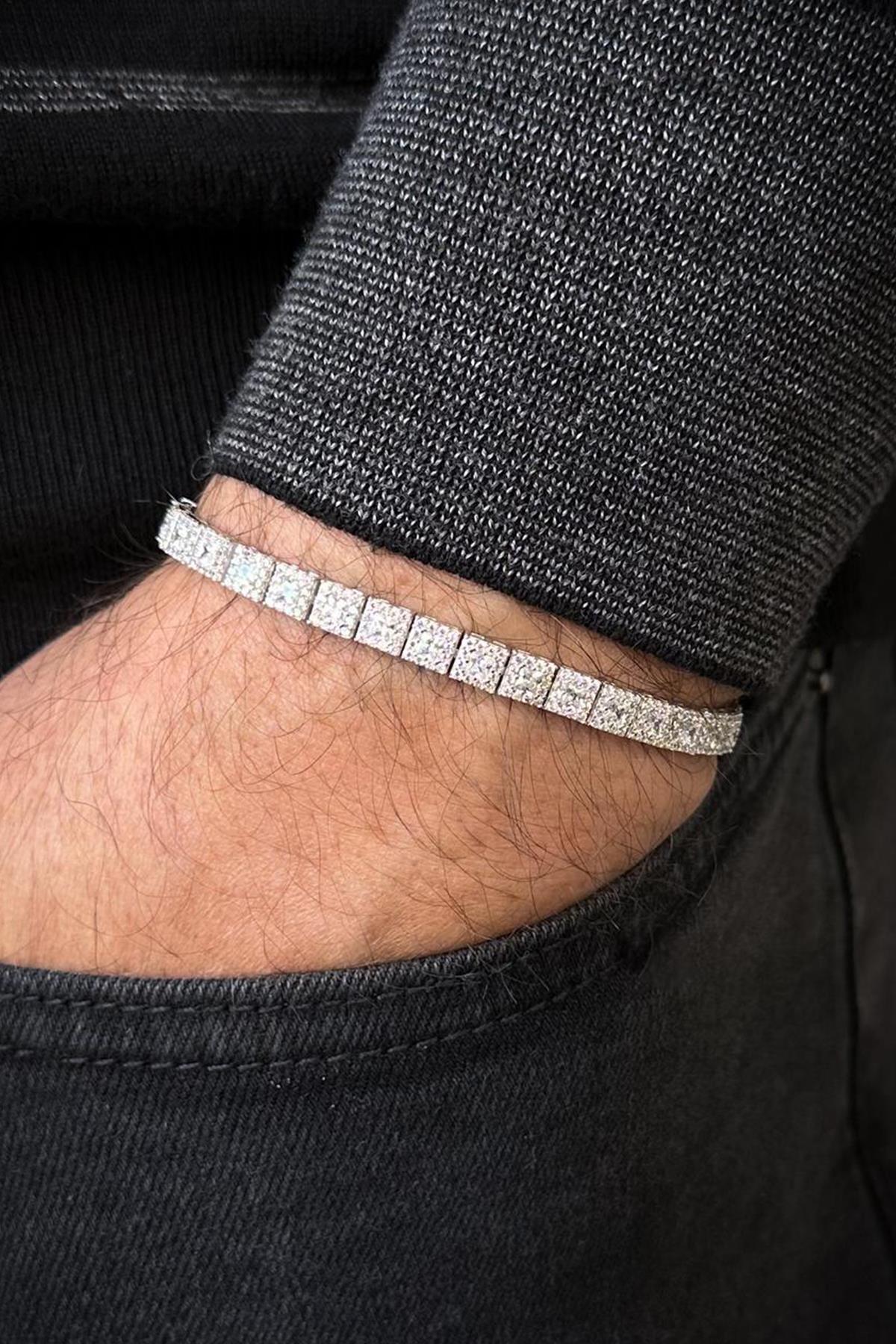 FRNCH 925 Ayar Gümüş Beyaz Zirkon Taşlı Gümüş Renk Tennis Erkek Bileklik FRJ12700-3700-A