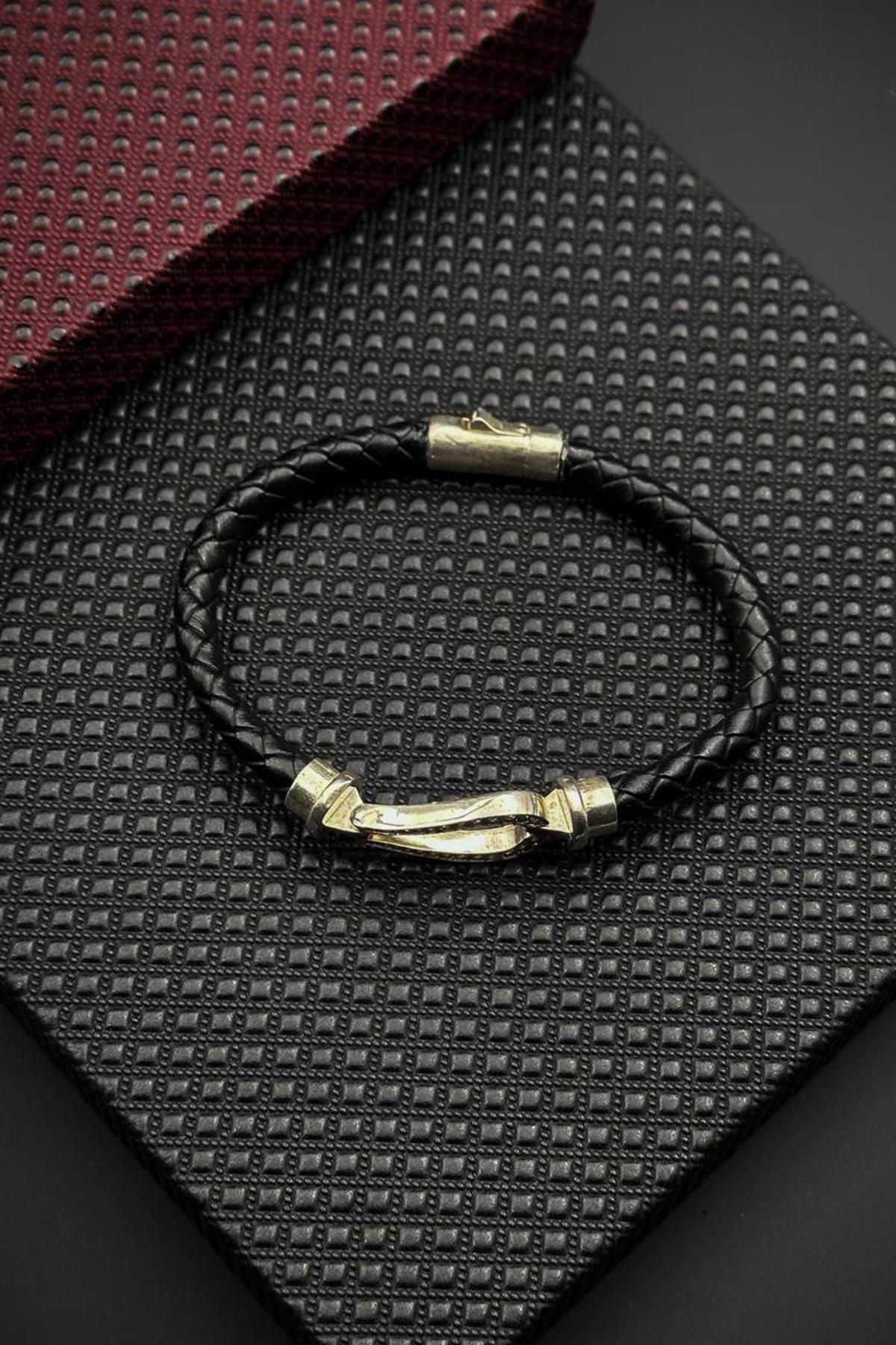 FRNCH 925 Ayar Gümüş Beyaz Zirkon Taşlı Siyah Renk Deri Erkek Bileklik FRJ12701-3701-A