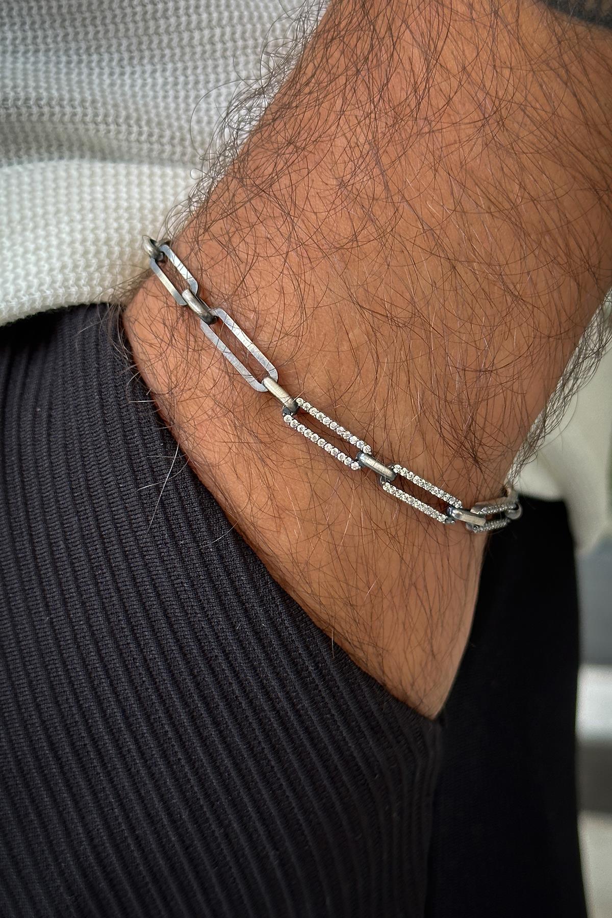 FRNCH 925 Ayar Gümüş Beyaz Zirkon Taşlı Tennis Erkek Bileklik FRJ11923-2023-A