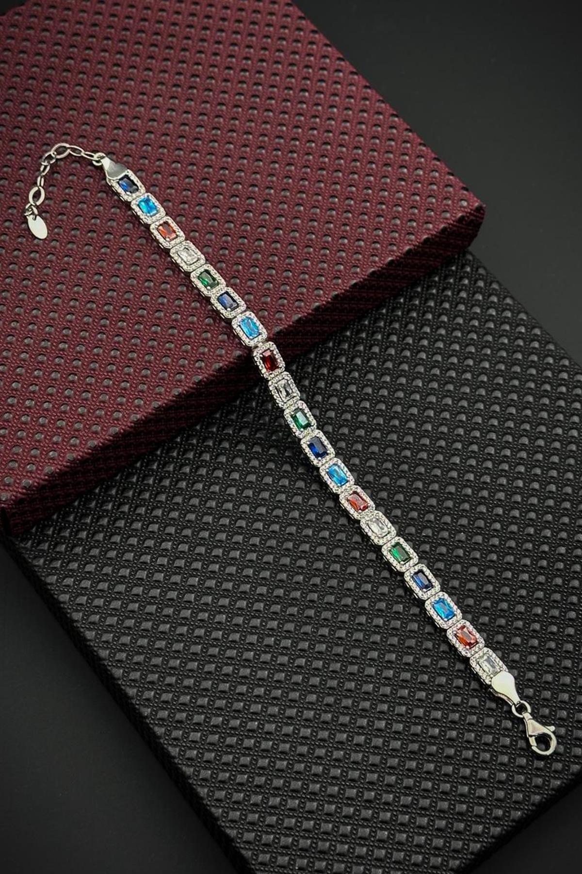 FRNCH 925 Ayar Gümüş Çok Renkli Baget Zirkon Taşlı Gümüş Renk Erkek Bileklik FRJ12644-3644-CK