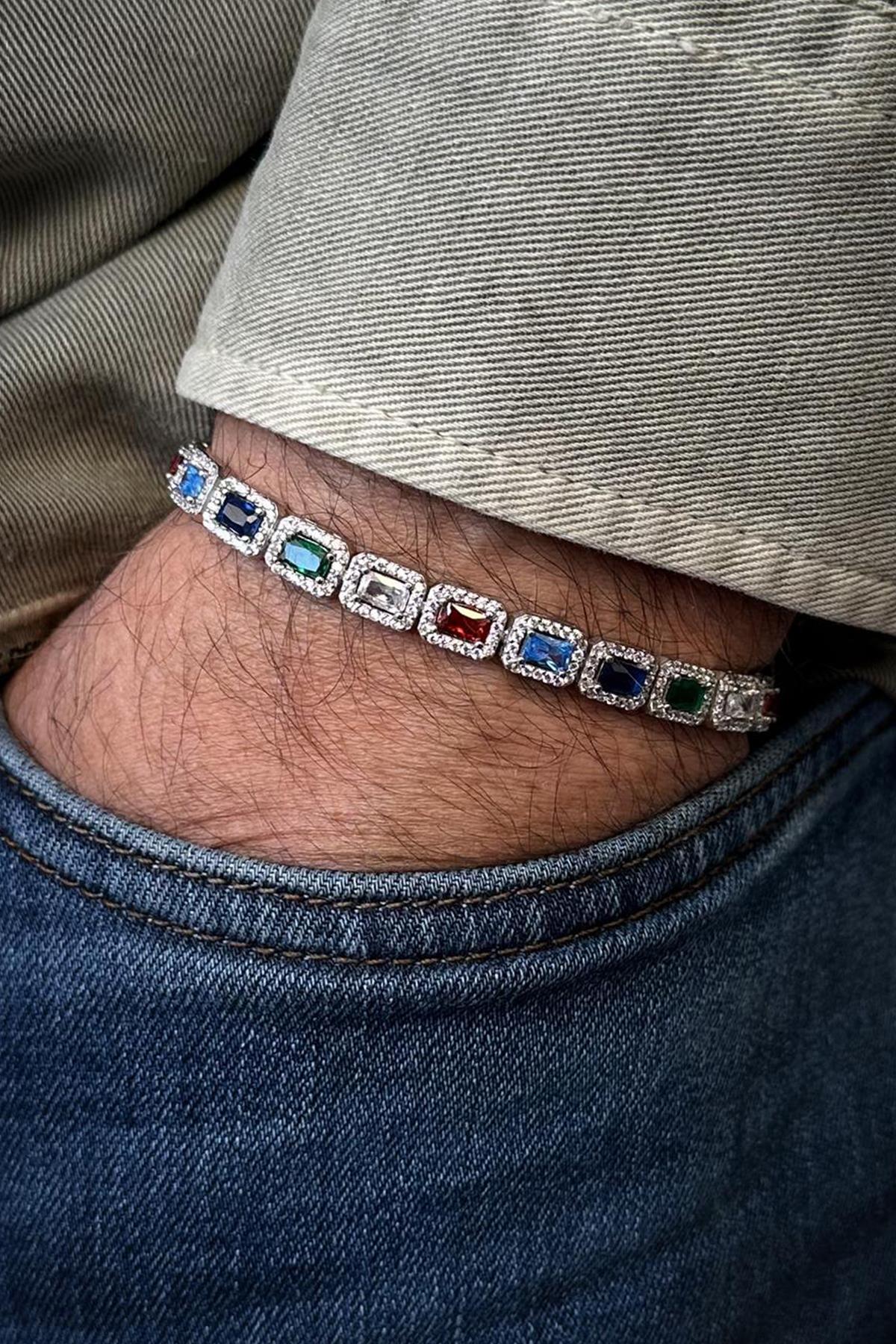 FRNCH 925 Ayar Gümüş Çok Renkli Baget Zirkon Taşlı Gümüş Renk Erkek Bileklik FRJ12644-3644-CK