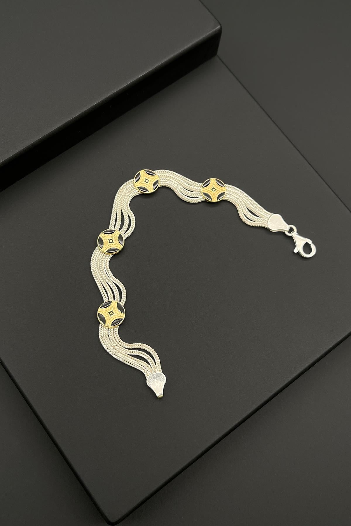 FRNCH 925 Ayar Gümüş Desenli Altın-Gümüş Renkli Erkek Bileklik FRJ11958-2058-AG2