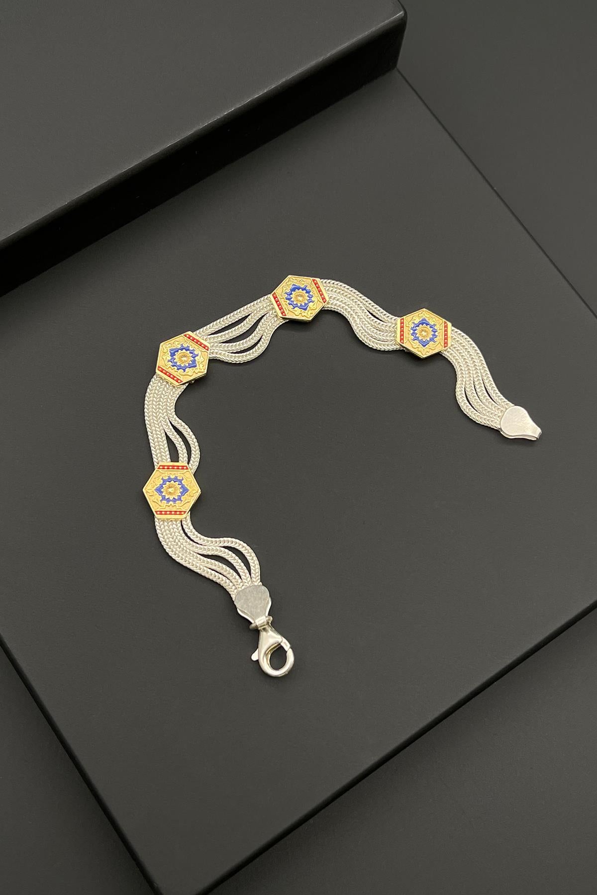 FRNCH 925 Ayar Gümüş Desenli Altın-Gümüş Renkli Erkek Bileklik FRJ11958-2058-AG3