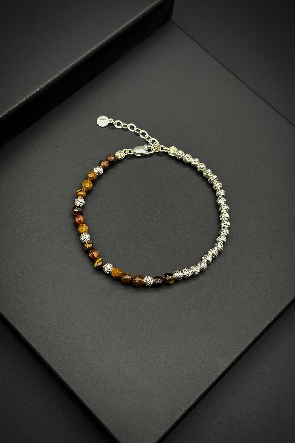 FRNCH 925 Ayar Gümüş Dorika ve Kaplan Gözü Doğal Taşlı Kahverengi Erkek Bileklik FRJ11978-2078-KA