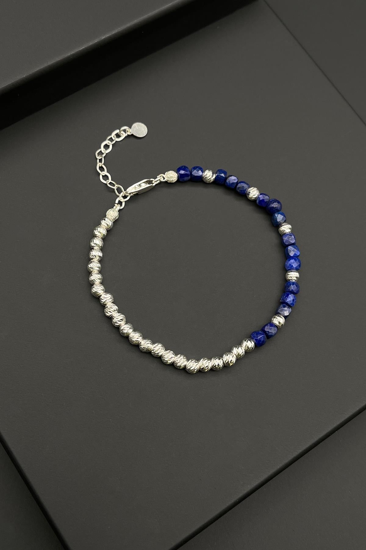FRNCH 925 Ayar Gümüş Dorika ve Lapis Lazuli Doğal Taşlı Lacivert Erkek Bileklik FRJ11978-2078-LA