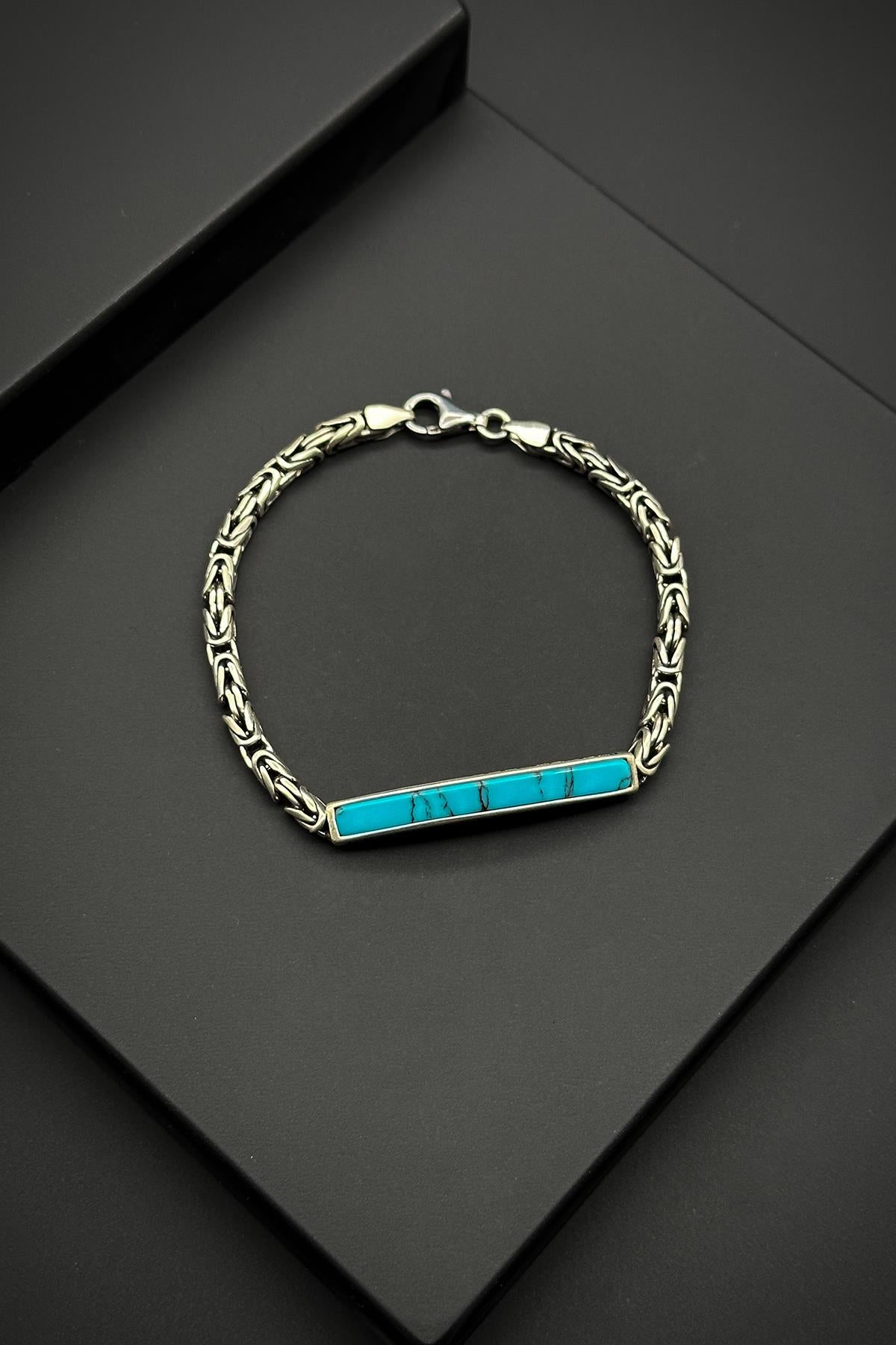 FRNCH 925 Ayar Gümüş Firuze Doğal Taşlı Mavi Renk Erkek Bileklik FRJ11985-2085-MA