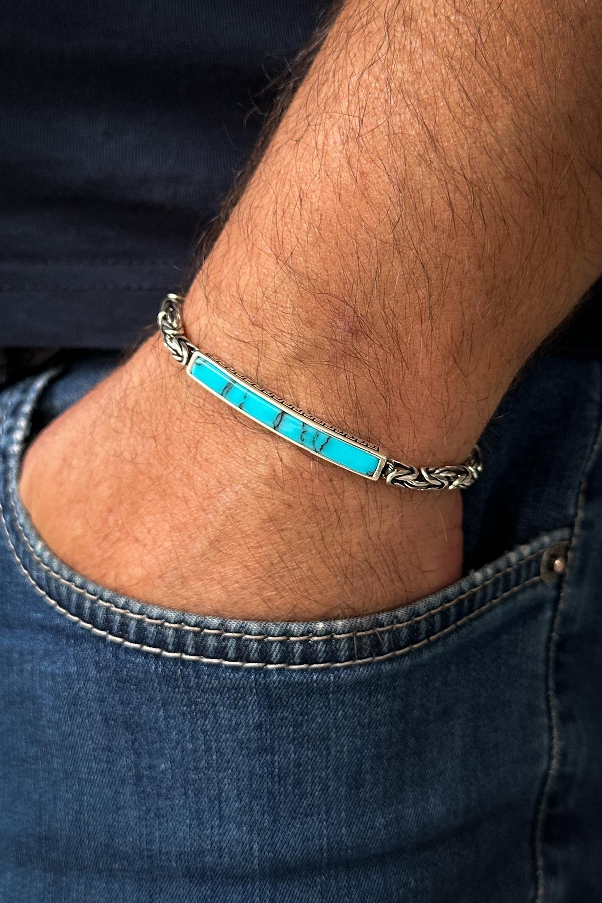 FRNCH 925 Ayar Gümüş Firuze Doğal Taşlı Mavi Renk Erkek Bileklik FRJ11985-2085-MA