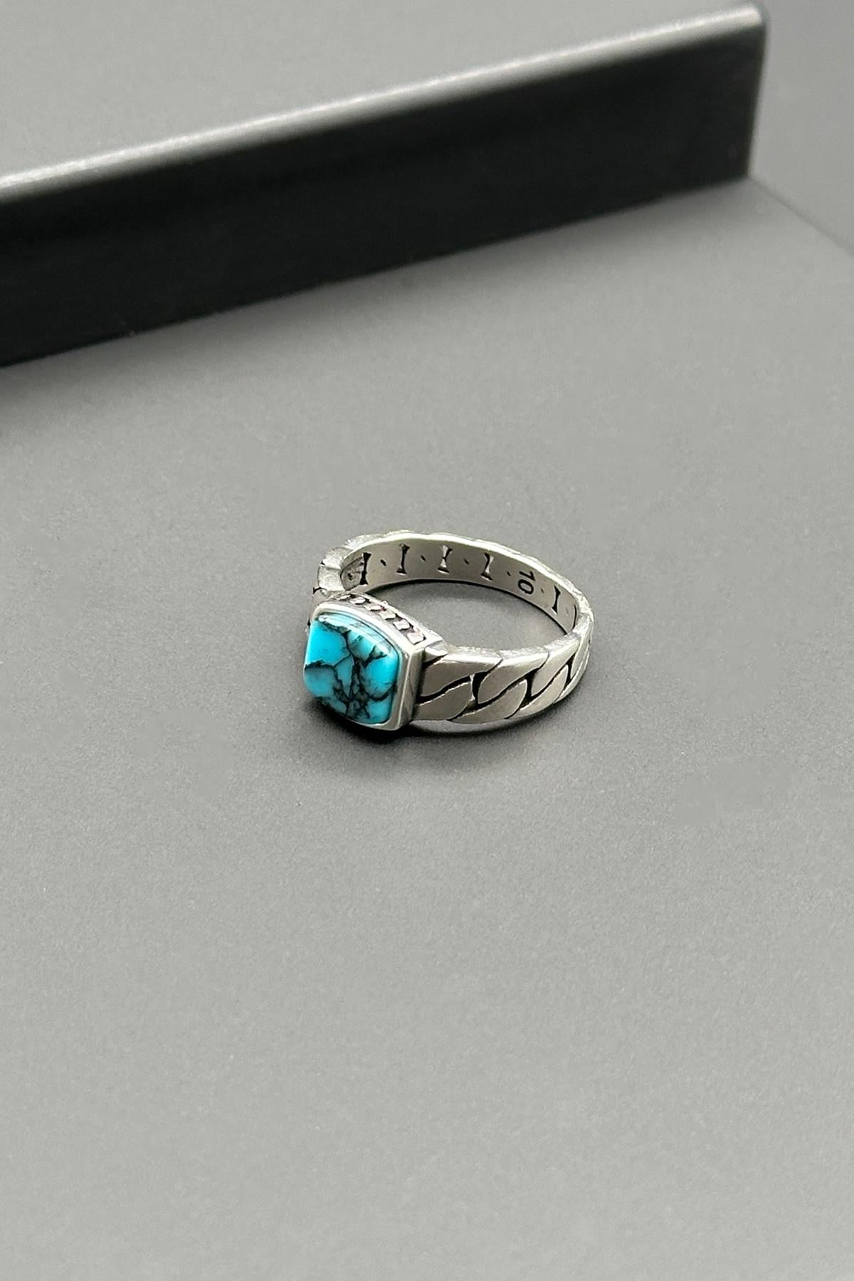 FRNCH 925 Ayar Gümüş Firuze Doğal Taşlı Turkuaz Renk Erkek Yüzük FRJ60045-145-MA4