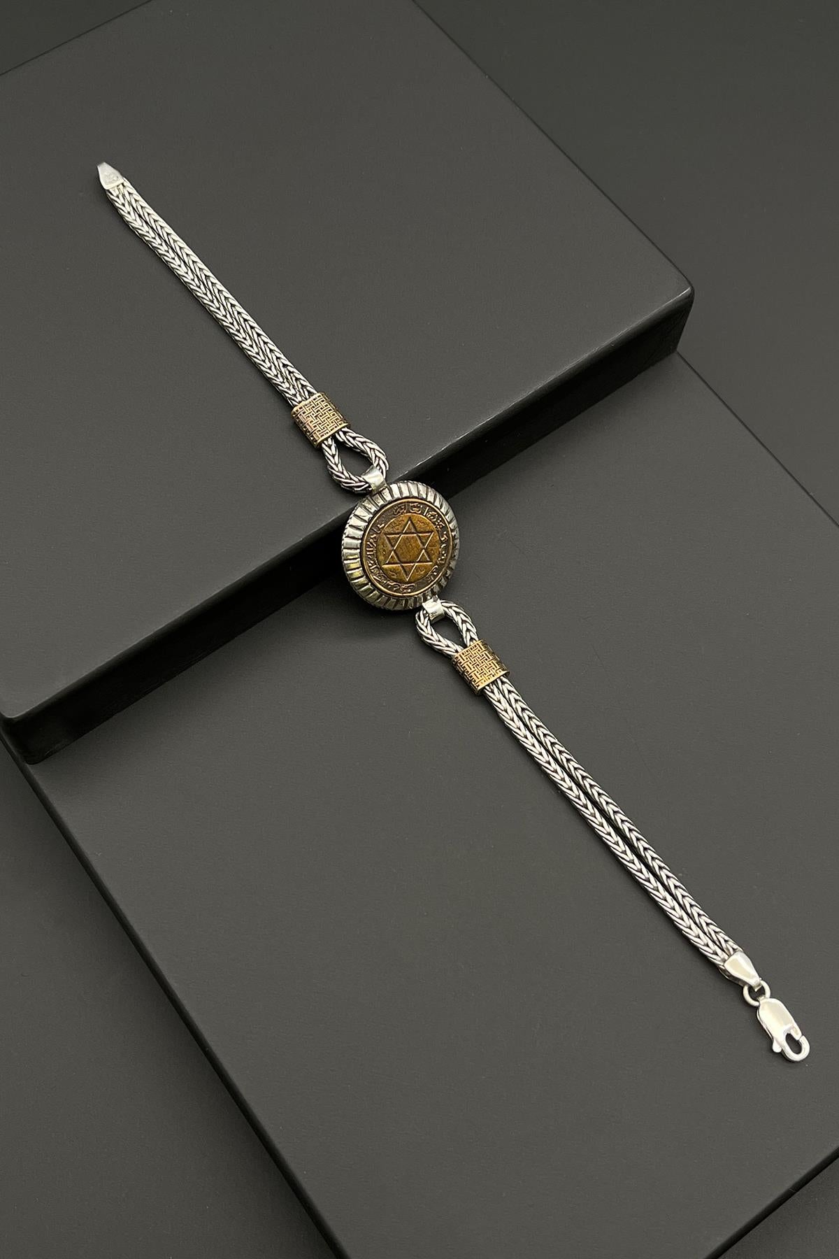 FRNCH 925 Ayar Gümüş Hz.Süleyman Mühürü Figürlü Altın Renk Erkek Bileklik FRJ11980-2080-GA